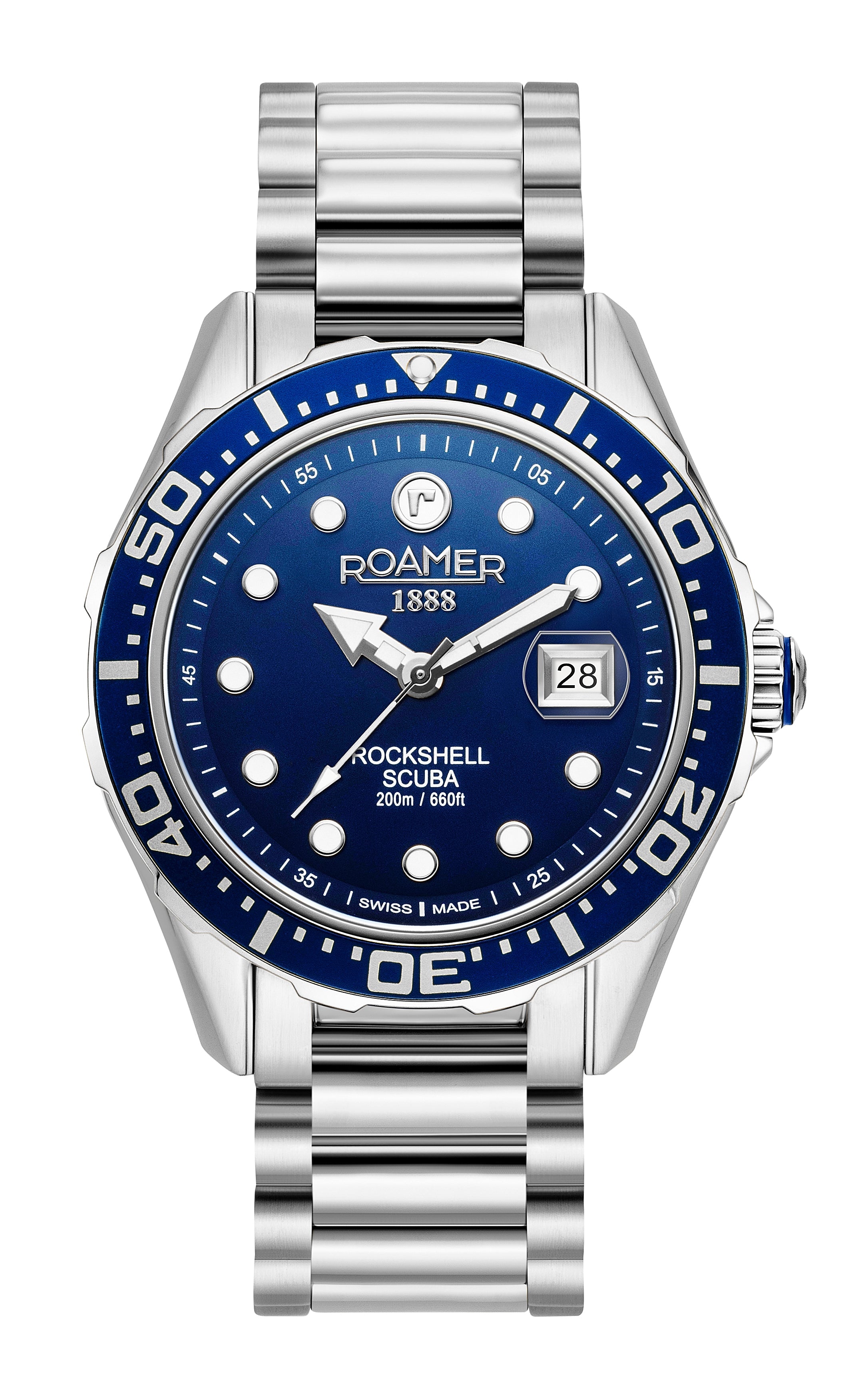 Rockshell Mark III Scuba 44 mm Quartz Three-Hand Date Blue Dial Turning Bezel Silver Bracelet Sapphire glass Stainless Steel swiss watch
