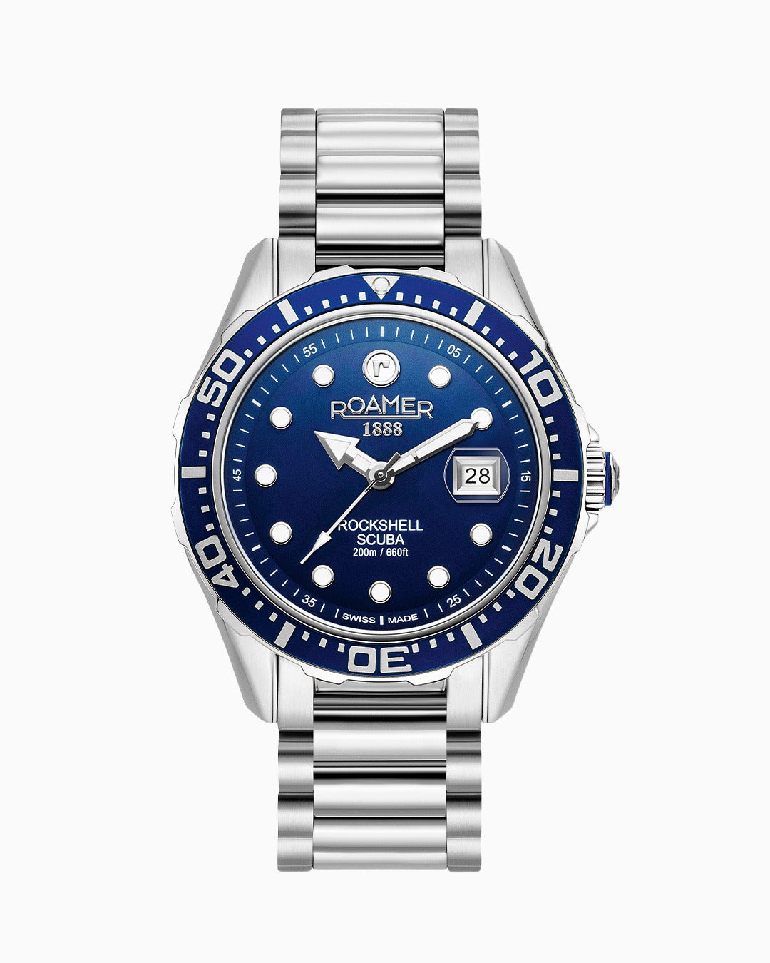 Rockshell Mark III Scuba 44 mm Quartz Three-Hand Date Blue Dial Turning Bezel Silver Bracelet Sapphire glass Stainless Steel swiss watch