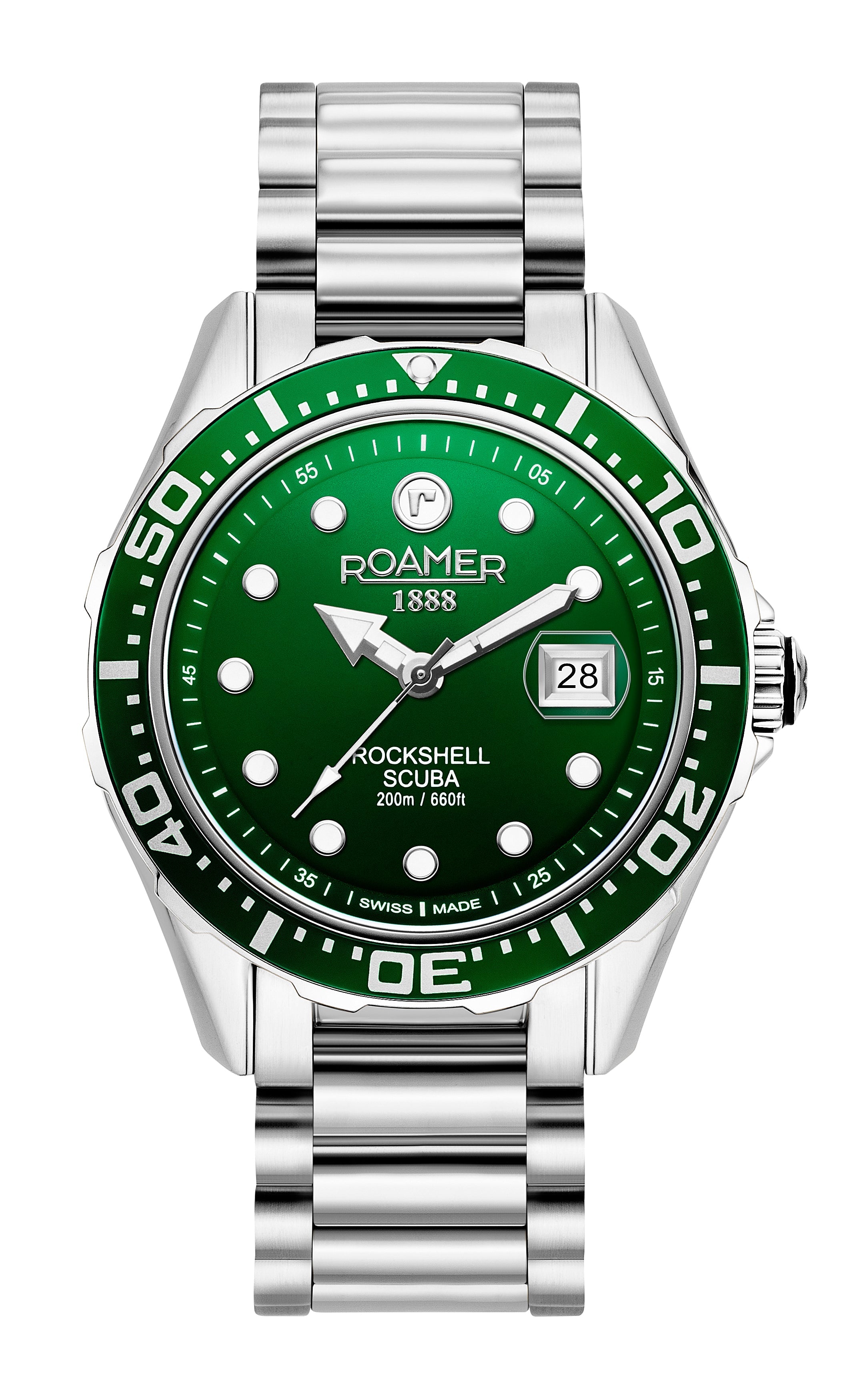 Rockshell Mark III Scuba 44 mm Quartz Three-Hand Date Green Dial Turning Bezel Silver Bracelet Sapphire glass Stainless Steel swiss watch