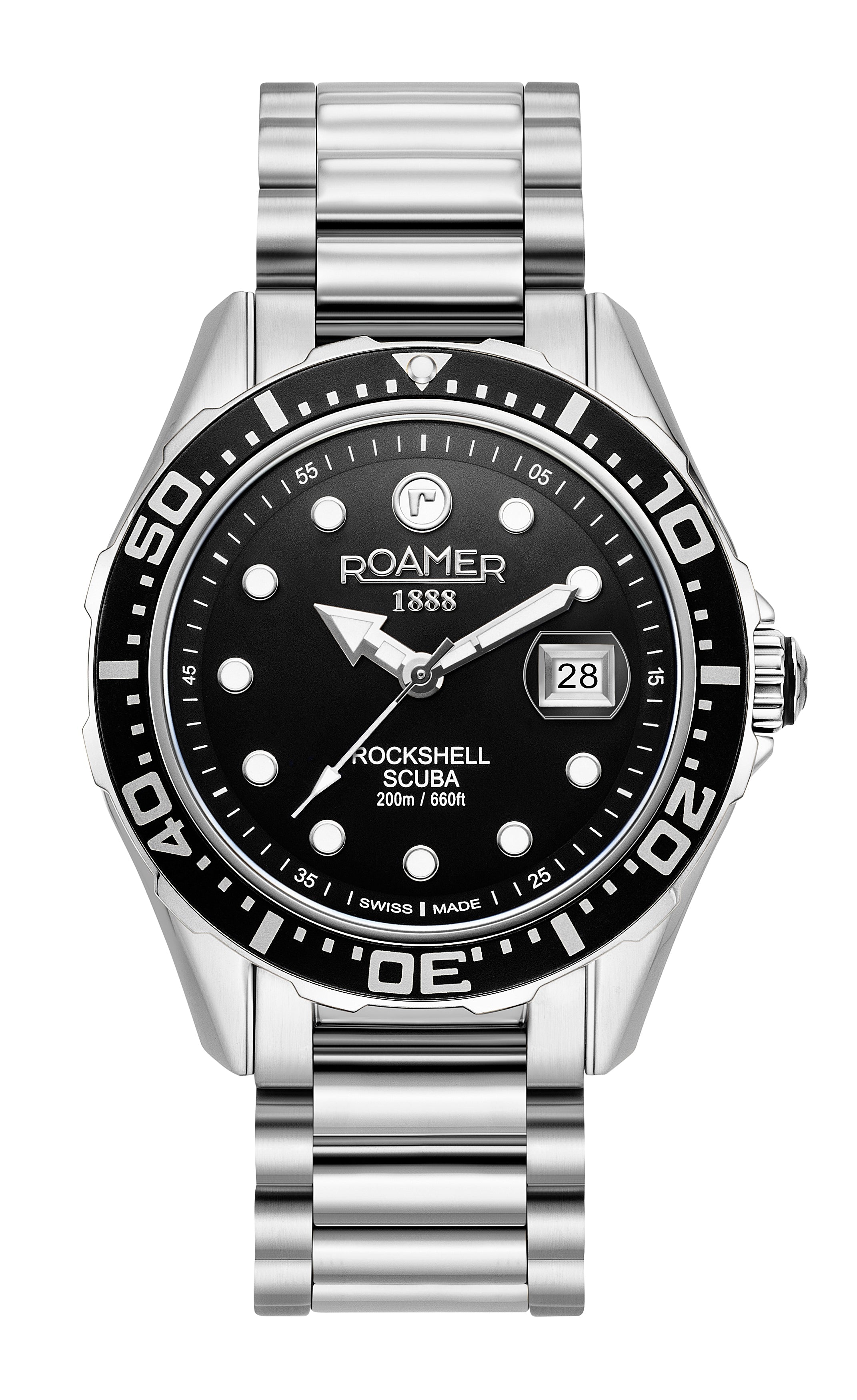 Rockshell Mark III Scuba 44 mm Quartz Three-Hand Date Black Dial Turning Bezel Silver Bracelet Sapphire glass Stainless Steel swiss watch