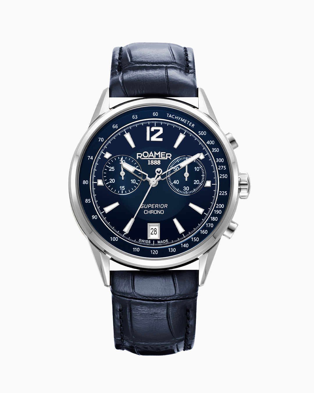 Superior Chrono III 44mm Quartz Chronograph Date Blue Dial Darkblue Leather Strap Sapphire glass Stainless Steel swiss watch