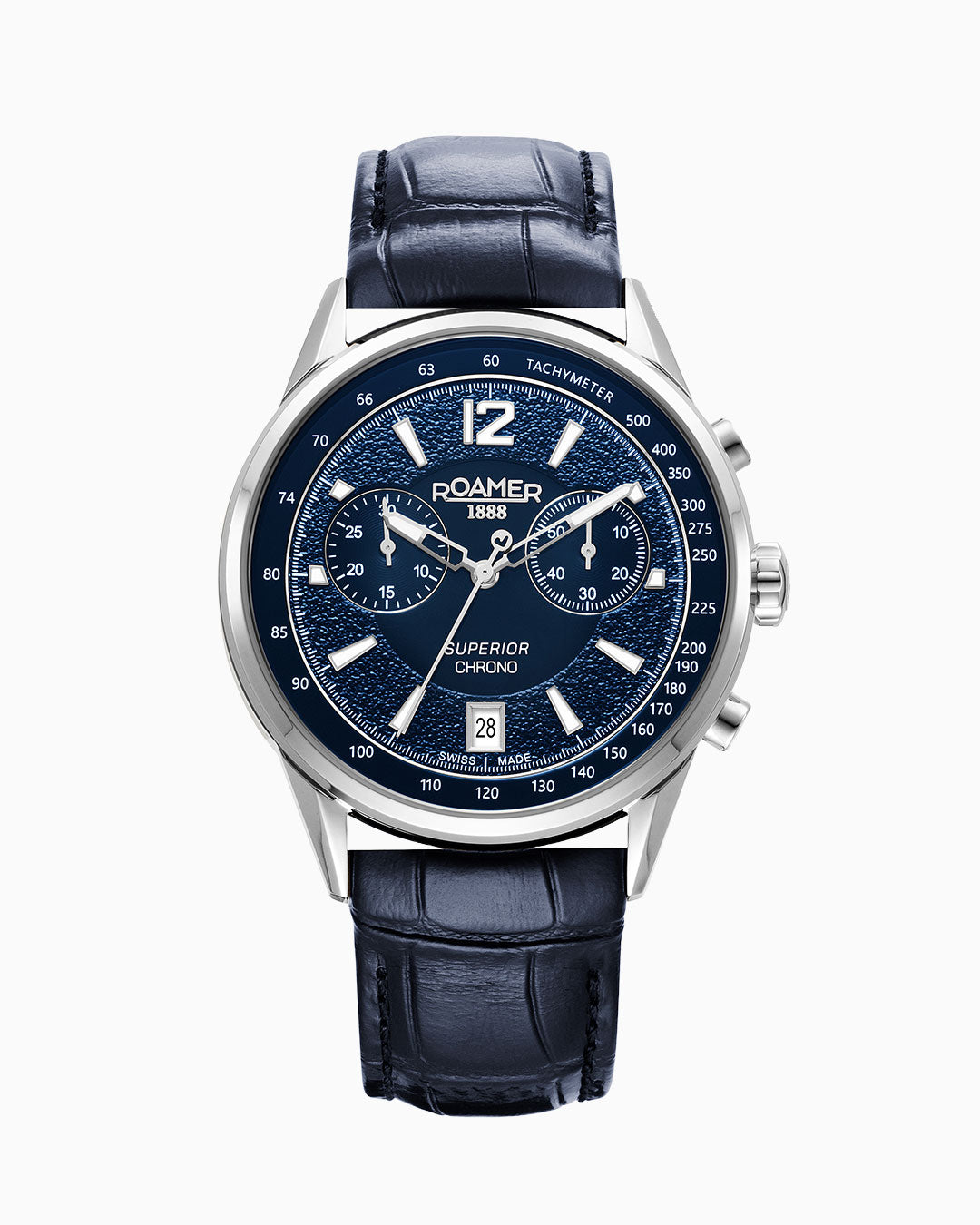 Superior Chrono III 44mm Quartz Chronograph Date Blue Dial Darkblue Leather Strap Sapphire glass Stainless Steel swiss watch