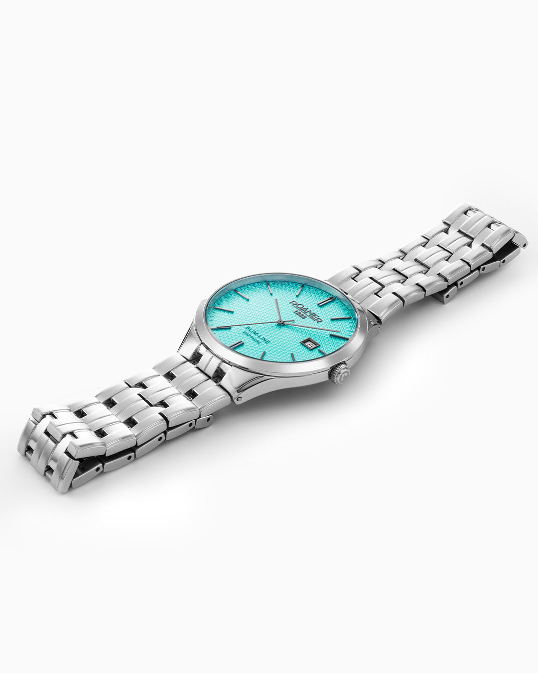 Slim Line Classic 40 mm Quartz Three-Hand Date Sky Blue Dial Silver Bracelet Sapphire glass Stainless Steel swiss watch