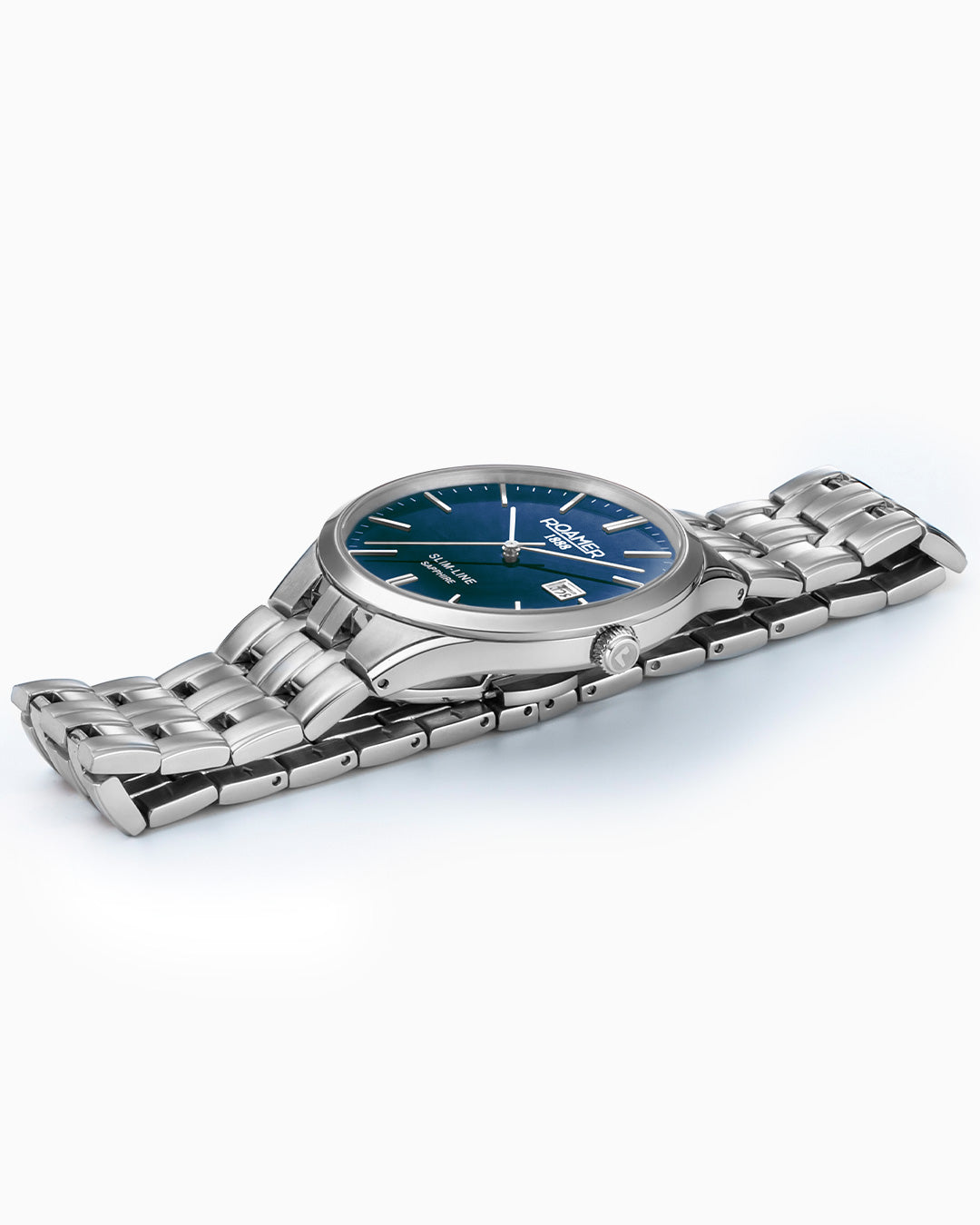 Slim Line Classic 40 mm Quartz Three-Hand Date Blue Dial Silver Bracelet Sapphire glass Stainless Steel swiss watch
