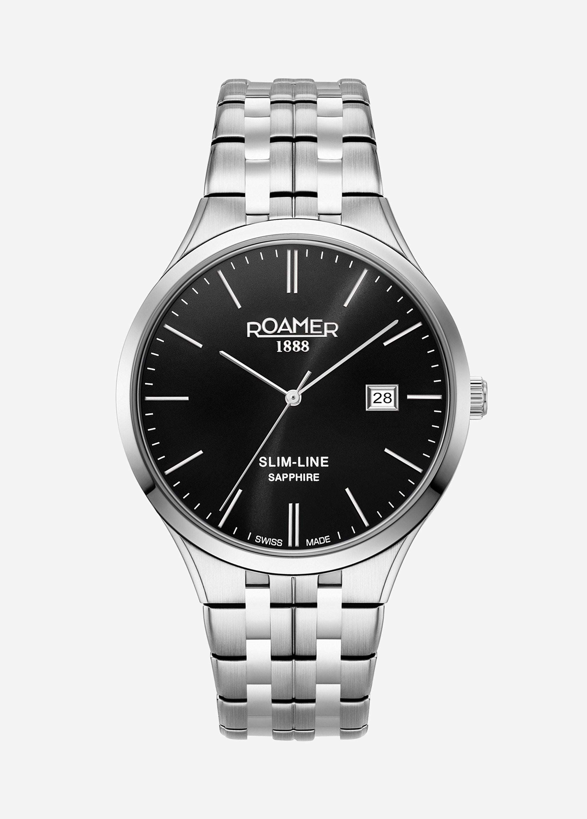 Slim Line Classic 40 mm Quartz Three-Hand Date Black Dial Silver Bracelet Sapphire glass Stainless Steel swiss watch
