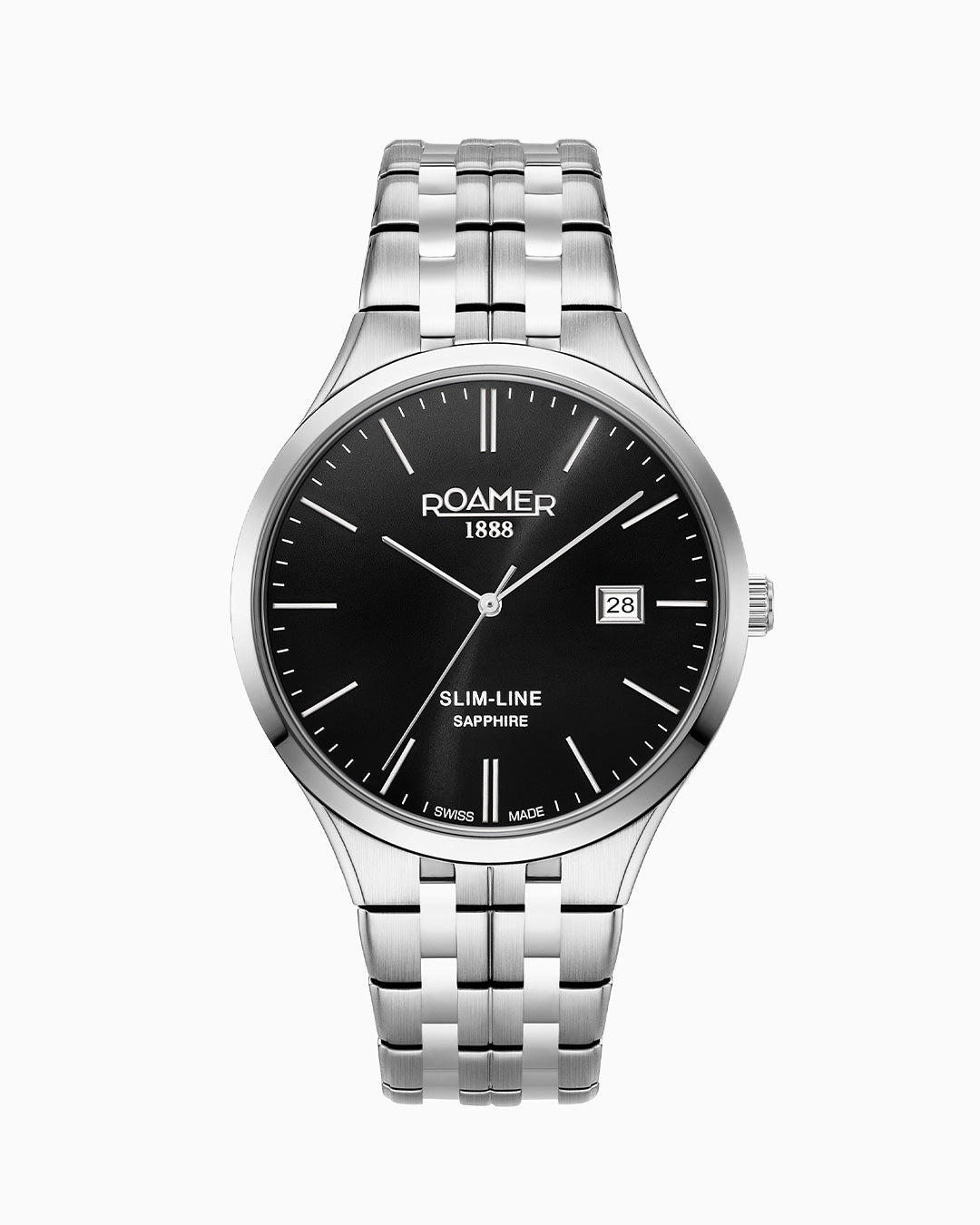 Slim Line Classic 40 mm Quartz Three-Hand Date Black Dial Silver Bracelet Sapphire glass Stainless Steel swiss watch