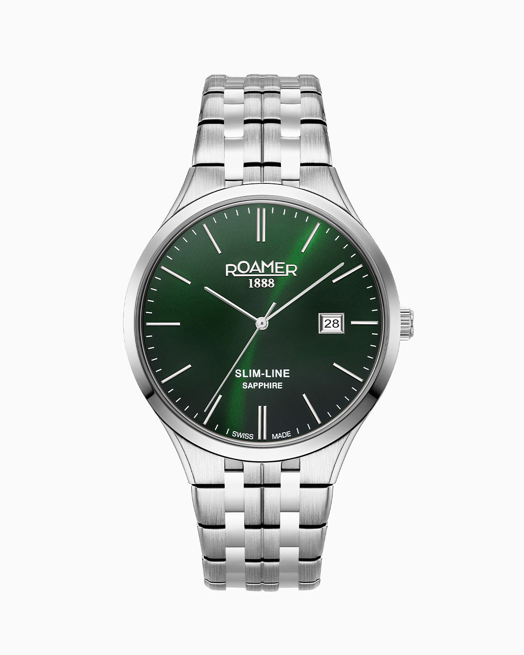 Slim Line Classic 40 mm Quartz Three-Hand Date Green Dial Silver Bracelet Sapphire glass Stainless Steel swiss watch