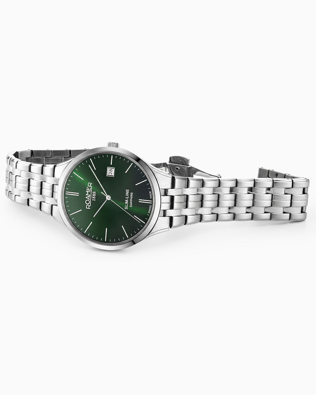 Slim Line Classic 40 mm Quartz Three-Hand Date Green Dial Silver Bracelet Sapphire glass Stainless Steel swiss watch
