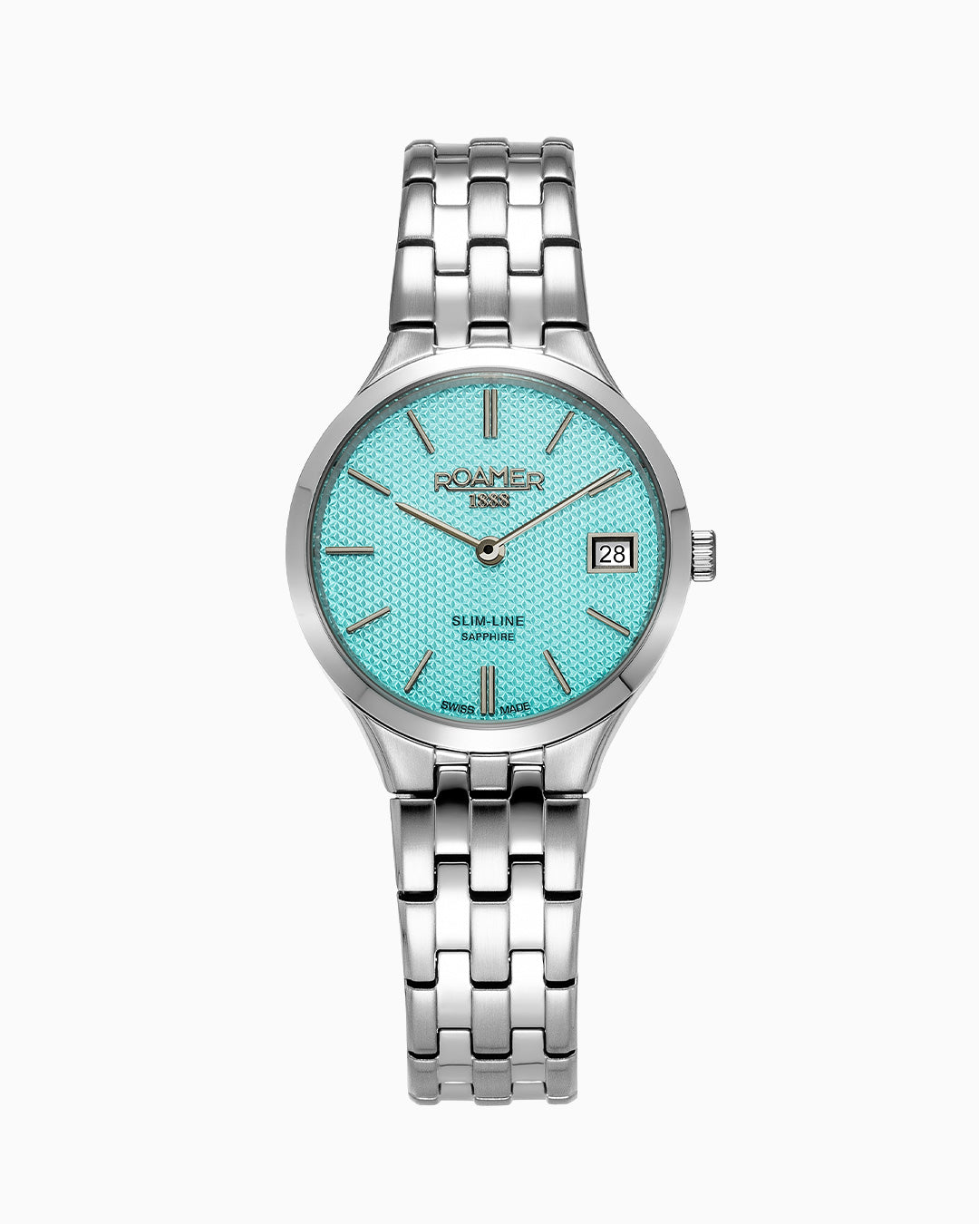 Slim Line Classic Ladies 30mm Quartz Two-Hand Date Sky Blue Dial Silver Bracelet Sapphire glass Stainless Steel swiss watch