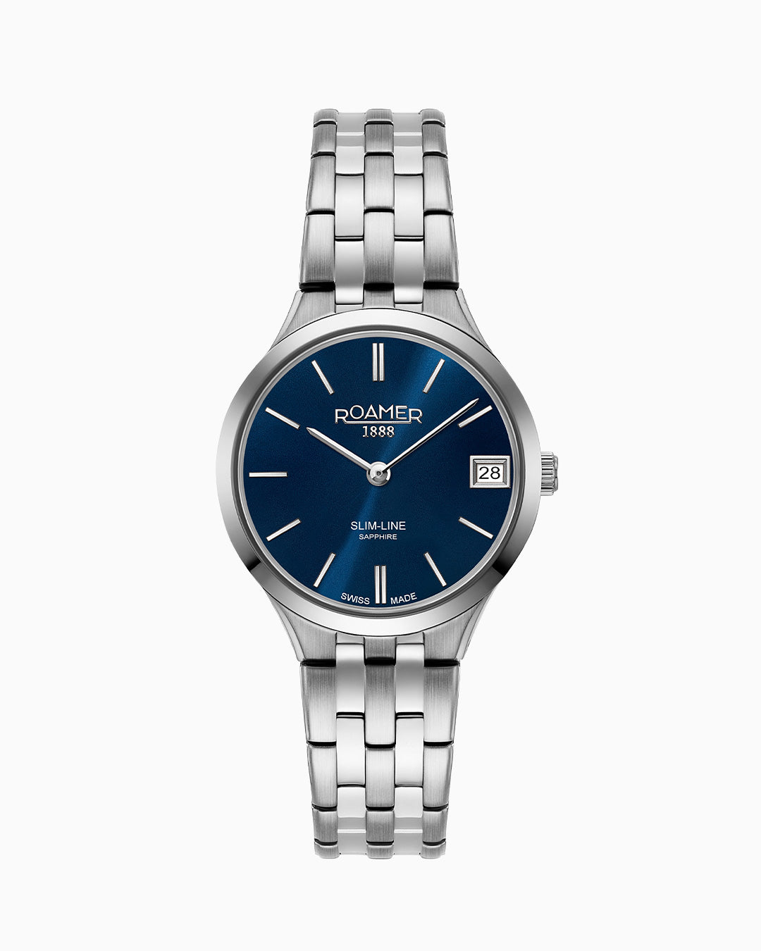 Slim Line Classic Ladies 30mm Quartz Two-Hand Date Dark Blue Dial Silver Bracelet Sapphire glass Stainless Steel Swiss watch