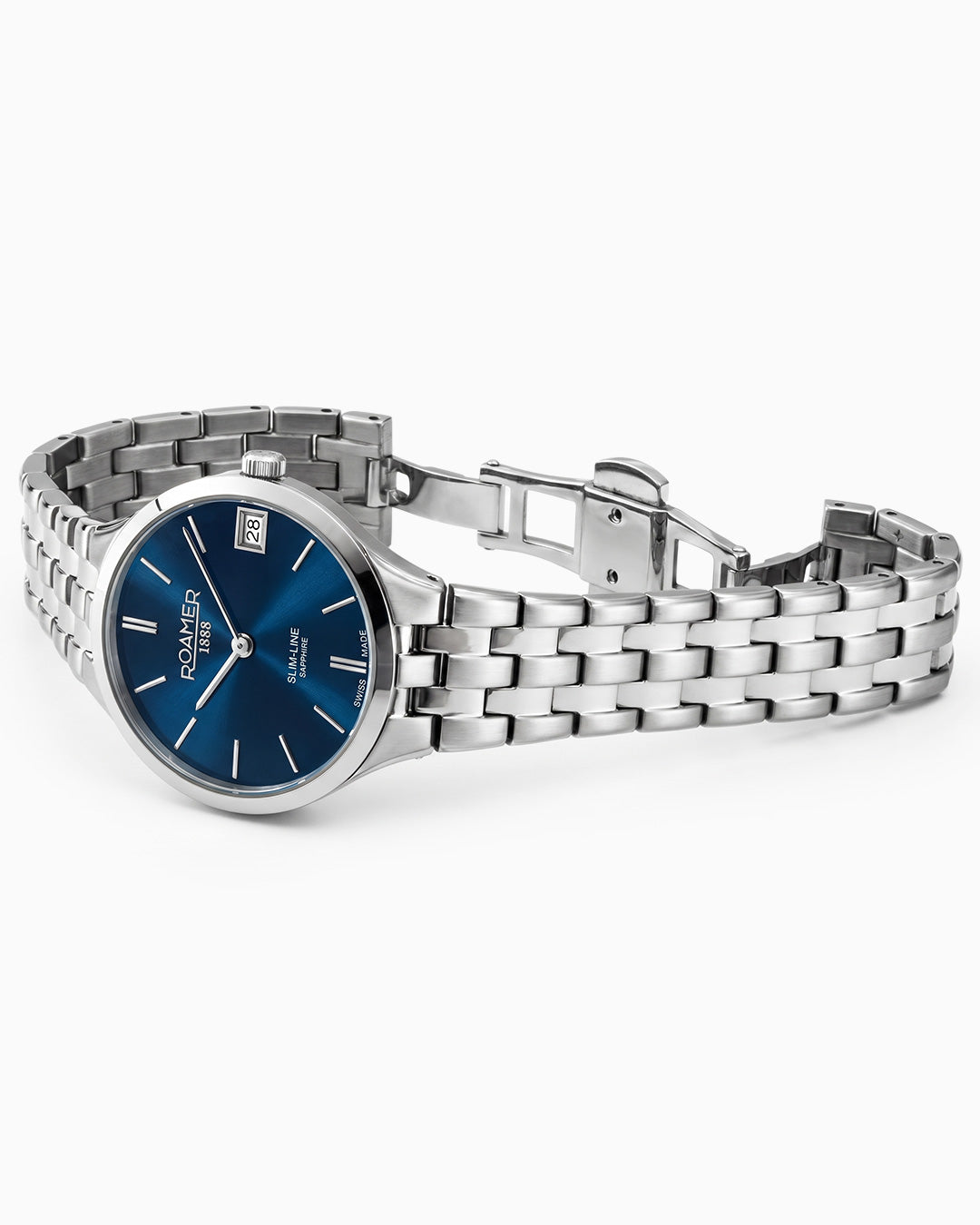 Slim Line Classic Ladies 30mm Quartz Two-Hand Date Dark Blue Dial Silver Bracelet Sapphire glass Stainless Steel Swiss watch