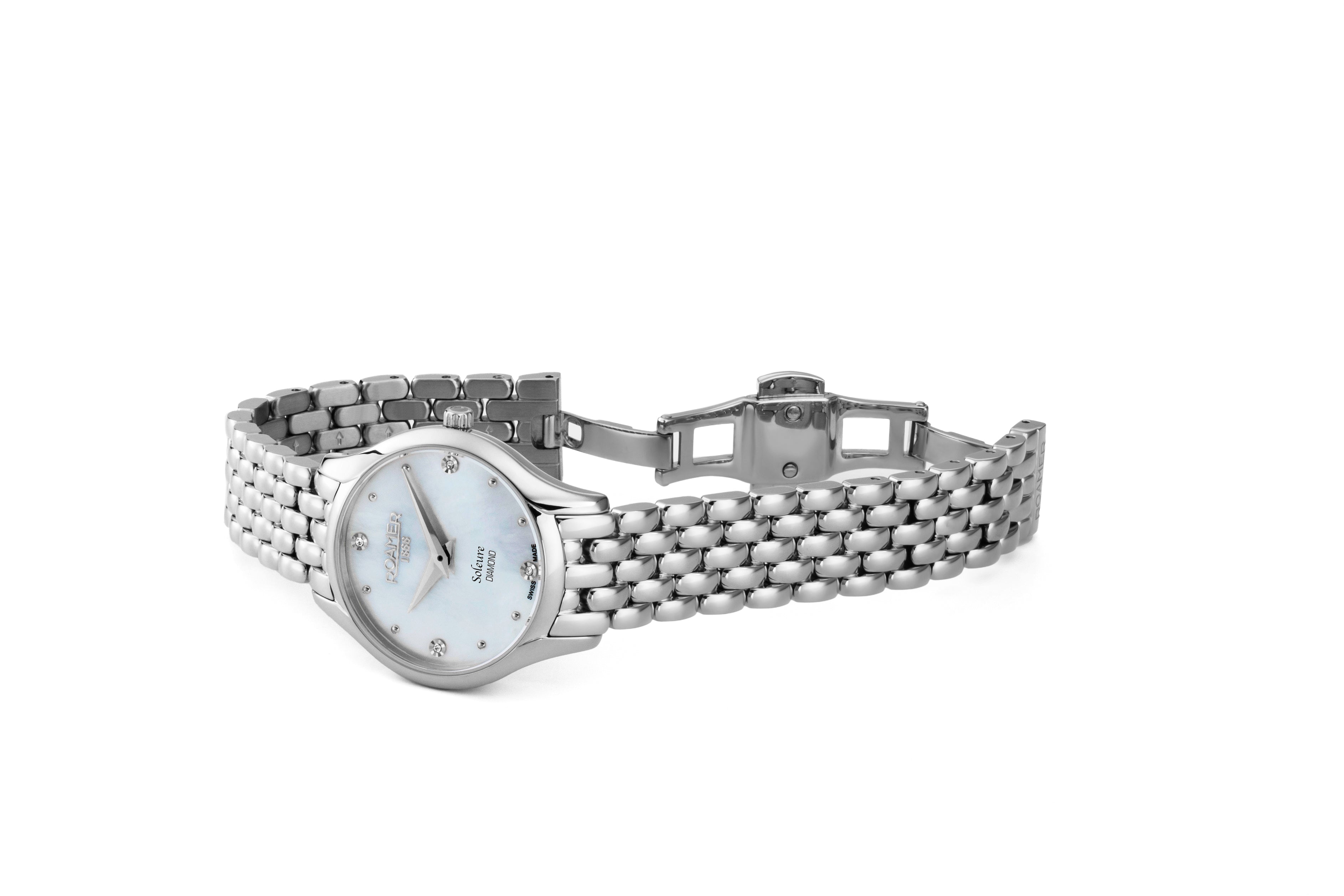Soleure 30mm Quartz Two-Hand White Mop Dial Silver Bracelet Sapphire glass Stainless Steel swiss watch