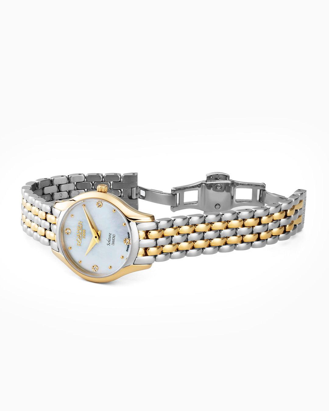 Soleure 30mm Quartz Two-Hand White Mop Dial Gold-Silver Tone Bracelet Sapphire glass Stainless Steel swiss watch