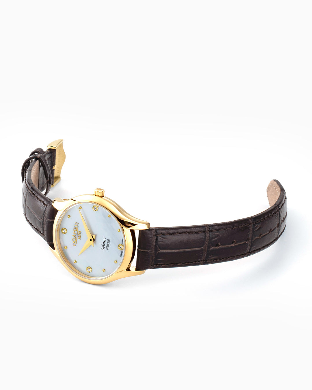 Soleure 30mm Quartz Two-Hand White MOP Dial Gold Tone Case Brown Leather Strap Sapphire glass Stainless Steel swiss watch