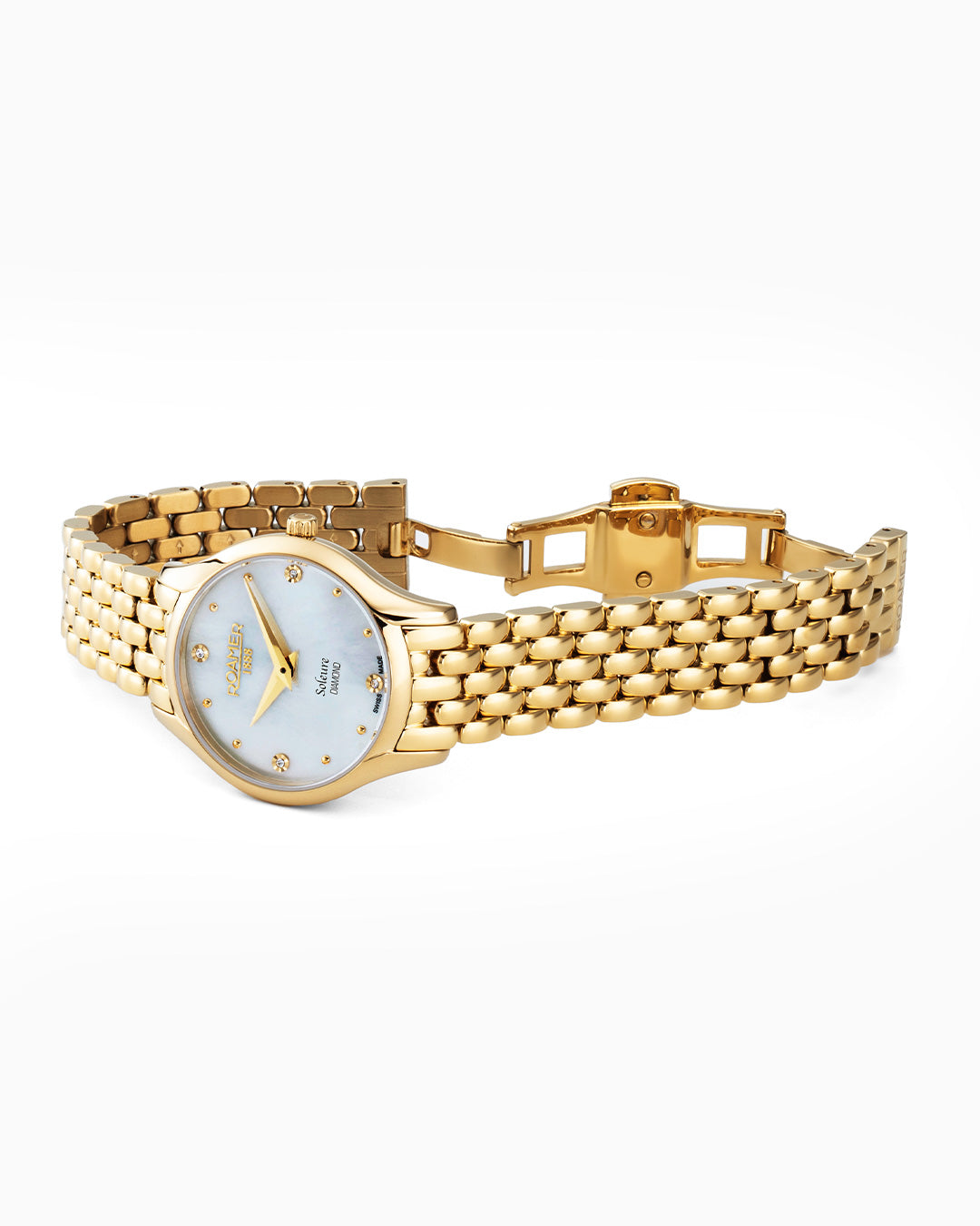 Soleure 30mm Quartz Two-Hand White MOP Dial Gold Bracelet Sapphire glass Stainless Steel swiss watch