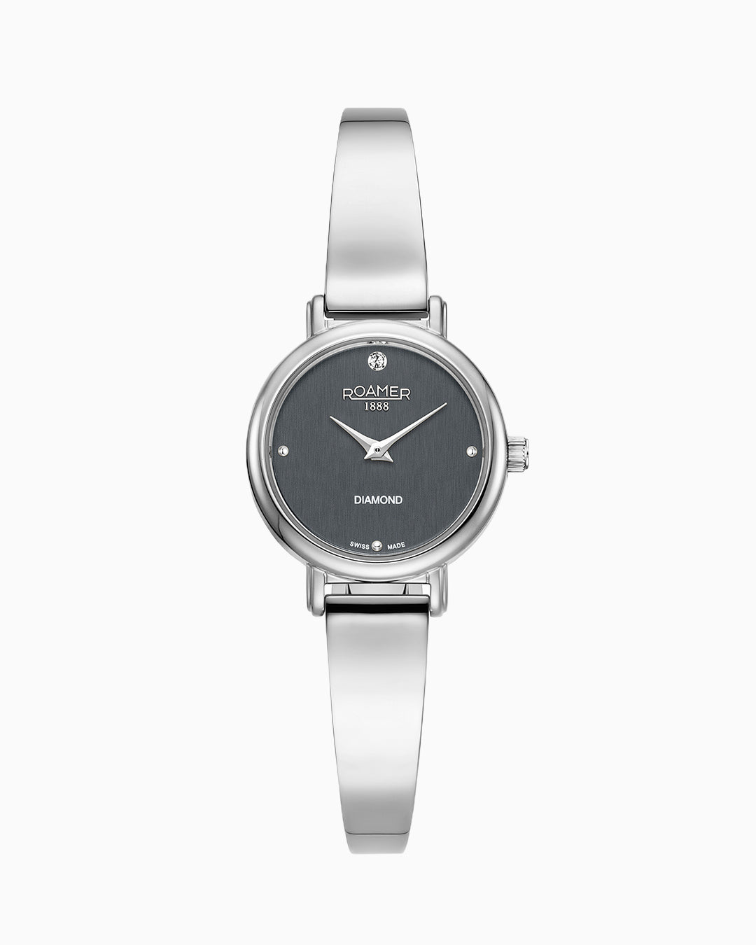 Elegance Diamond Round 25mm Quartz Two Hand Black Dial Silver Bracelet Sapphire glass Stainless Steel swiss watch