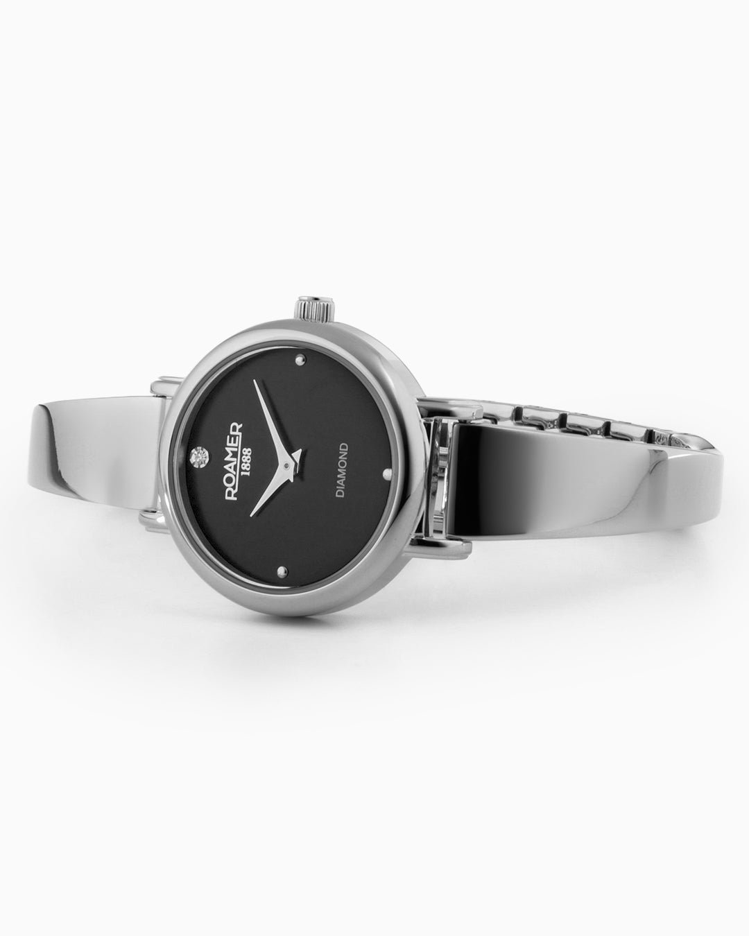 Elegance Diamond Round 25mm Quartz Two Hand Black Dial Silver Bracelet Sapphire glass Stainless Steel swiss watch