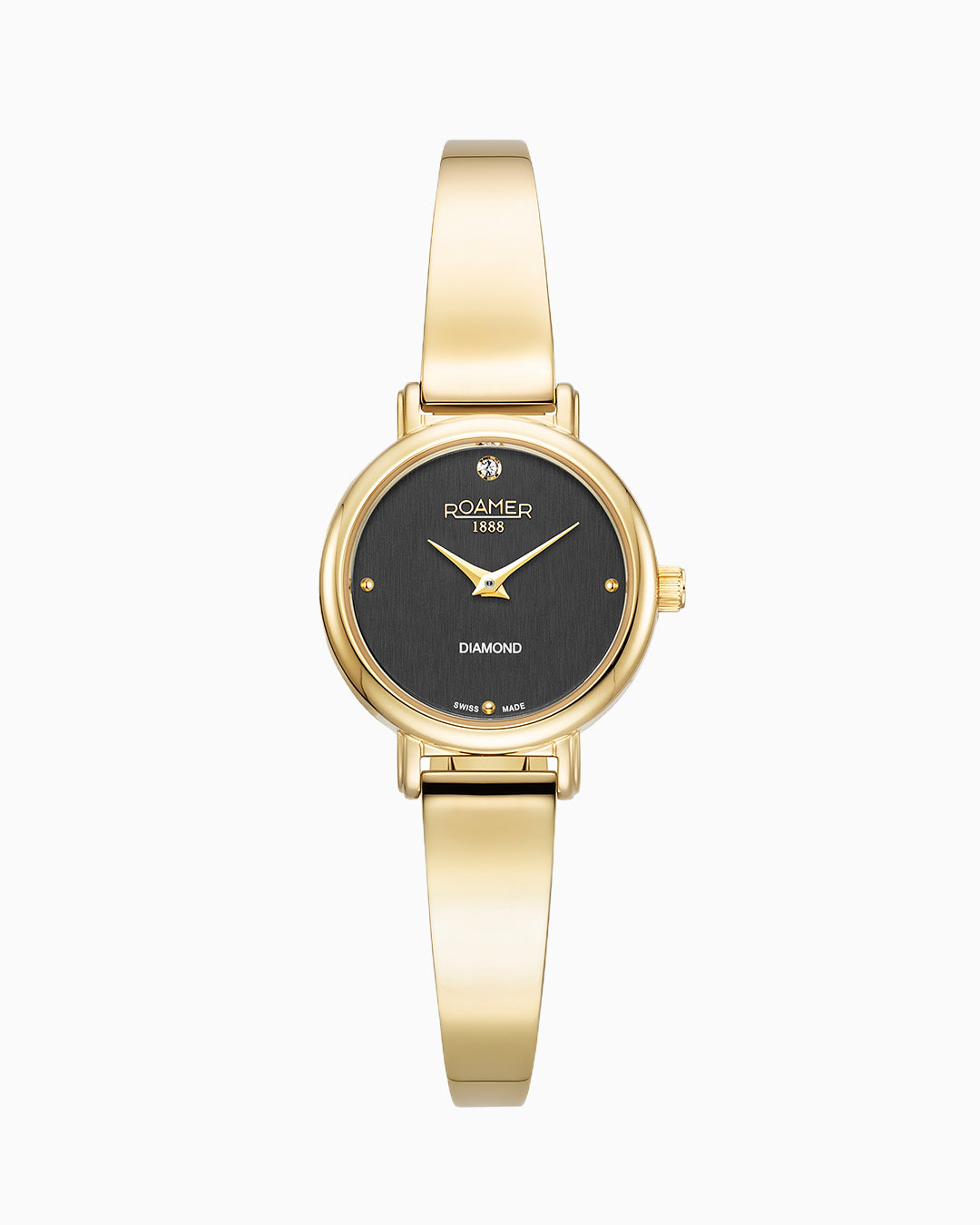 Elegance Diamond Round 25mm Quartz Two Hand Black Dial Golden Bracelet Sapphire glass Stainless Steel swiss watch