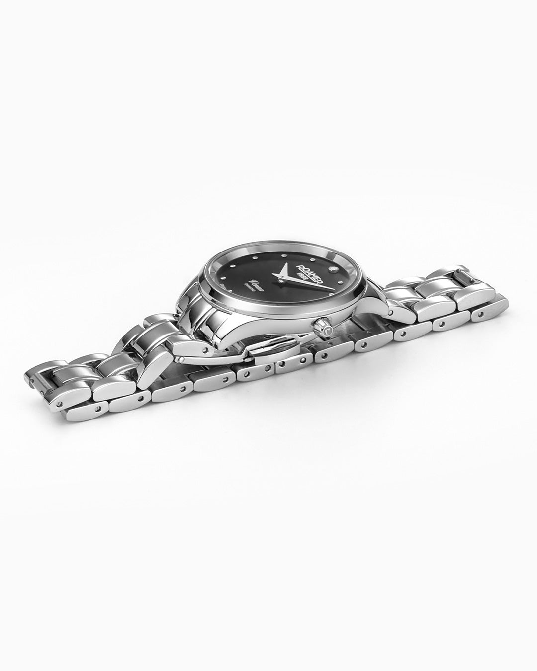 Venus Diamond 30mm Quartz Two-Hand Black Mop Silver Bracelet Sapphire glass Stainless Steel swiss watch