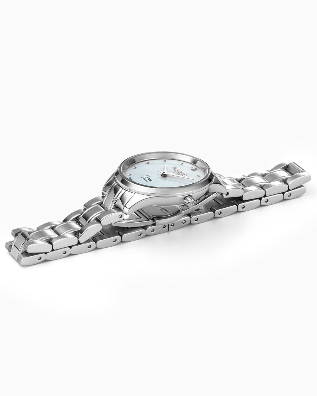 Venus Diamond 30mm Quartz Two-Hand White Mop W/Pnp Indexes, 1Pc 1.2Mm Dia Dial Silver Bracelet Sapphire glass Stainless Steel swiss watch