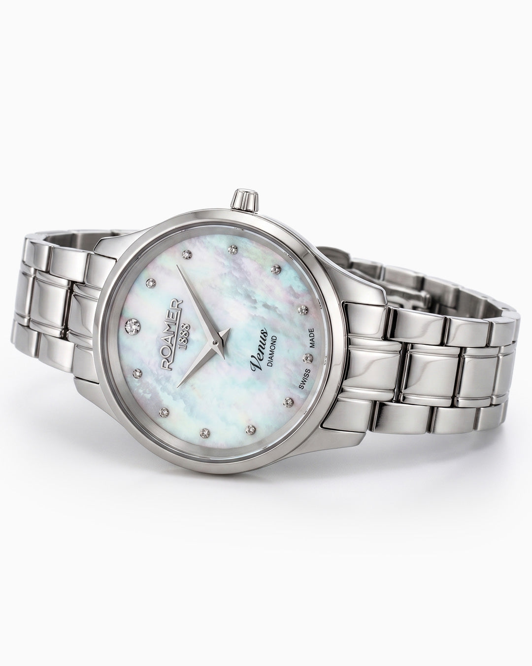 Venus Diamond 30mm Quartz Two-Hand White Mop W/Pnp Indexes, 1Pc 1.2Mm Dia Dial Silver Bracelet Sapphire glass Stainless Steel swiss watch