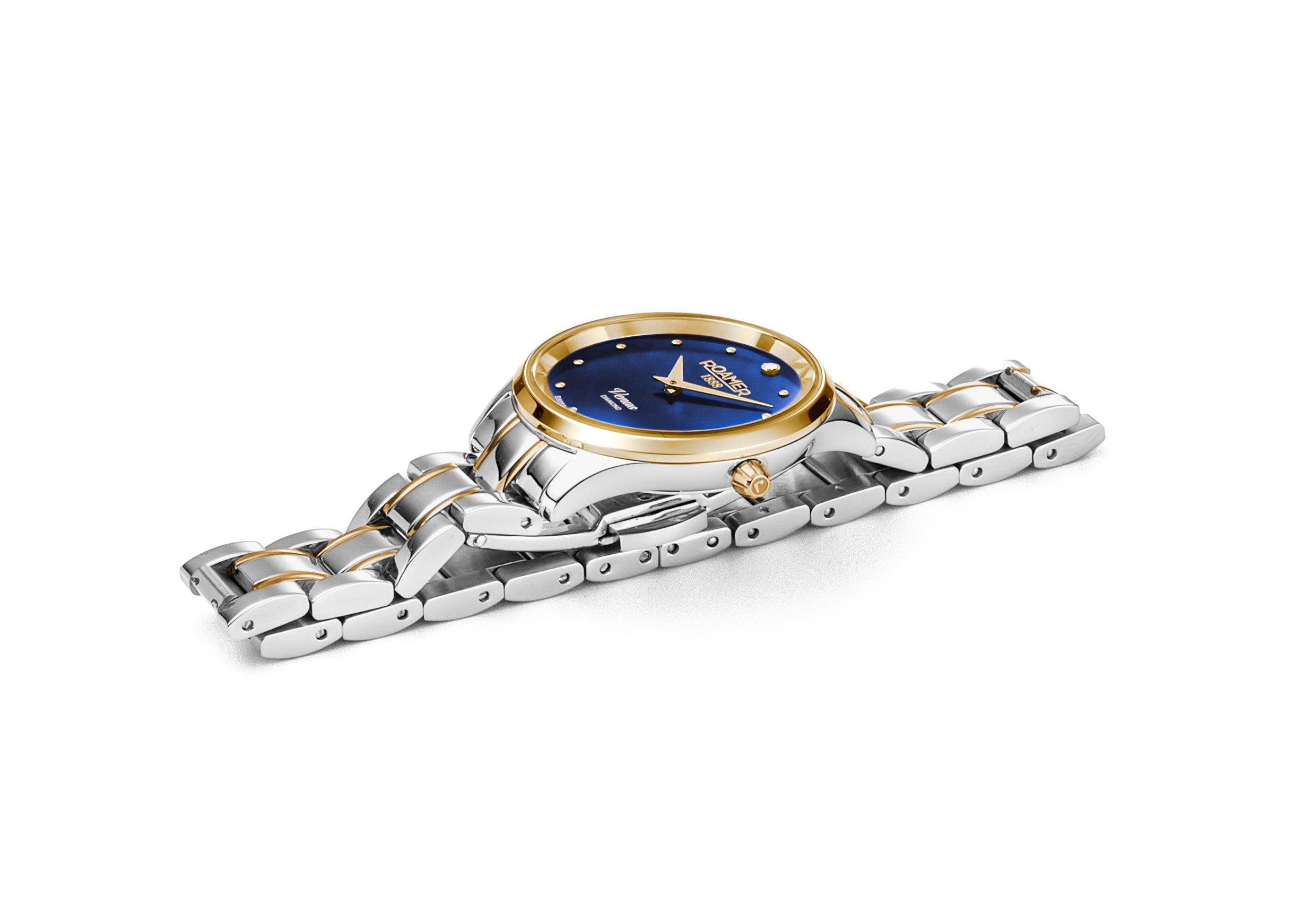 Venus Diamond 30mm Quartz Two-Hand Blue Mop Two-Tone Bracelet Sapphire glass Stainless Steel swiss watch