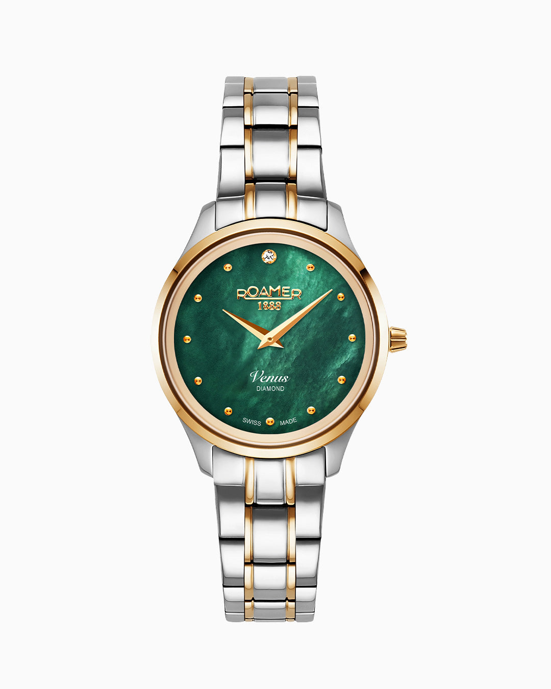 Venus Diamond 30mm Quartz Two-Hand Green Mop W/Gp Indexes, 1Pc 1.2Mm Dia Dial Two-Tone Bracelet Sapphire glass Stainless Steel swiss watch