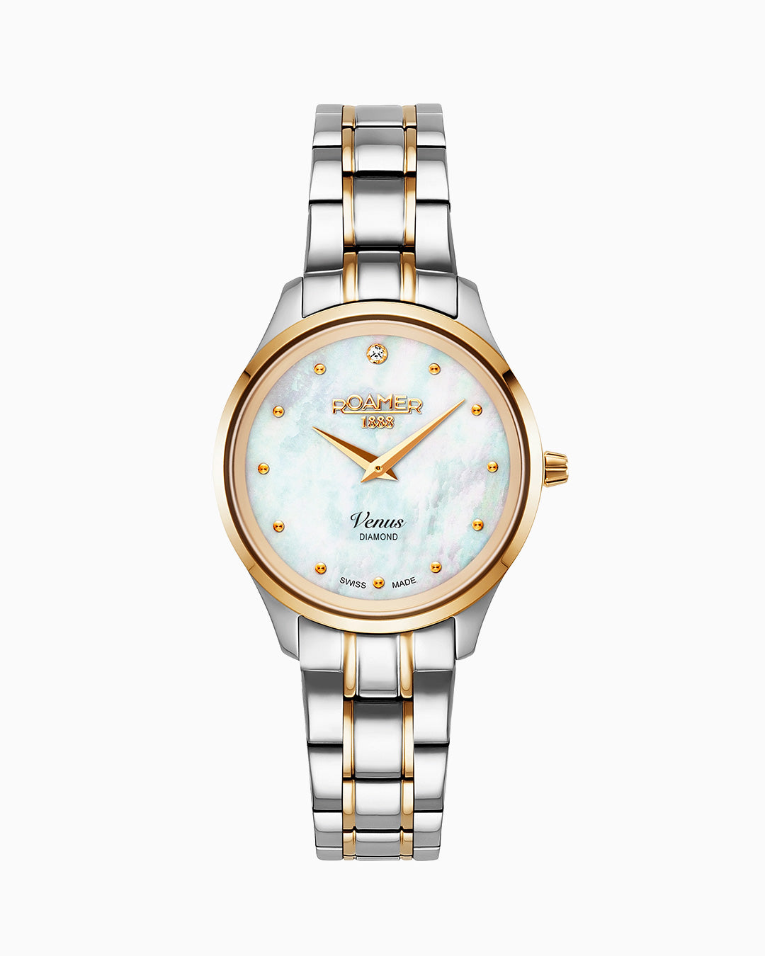Venus Diamond 30mm Quartz Two-Hand White Mop W/Gp Indexes, 1Pc 1.2Mm Dia Dial Two-Tone Bracelet Sapphire glass Stainless Steel swiss watch