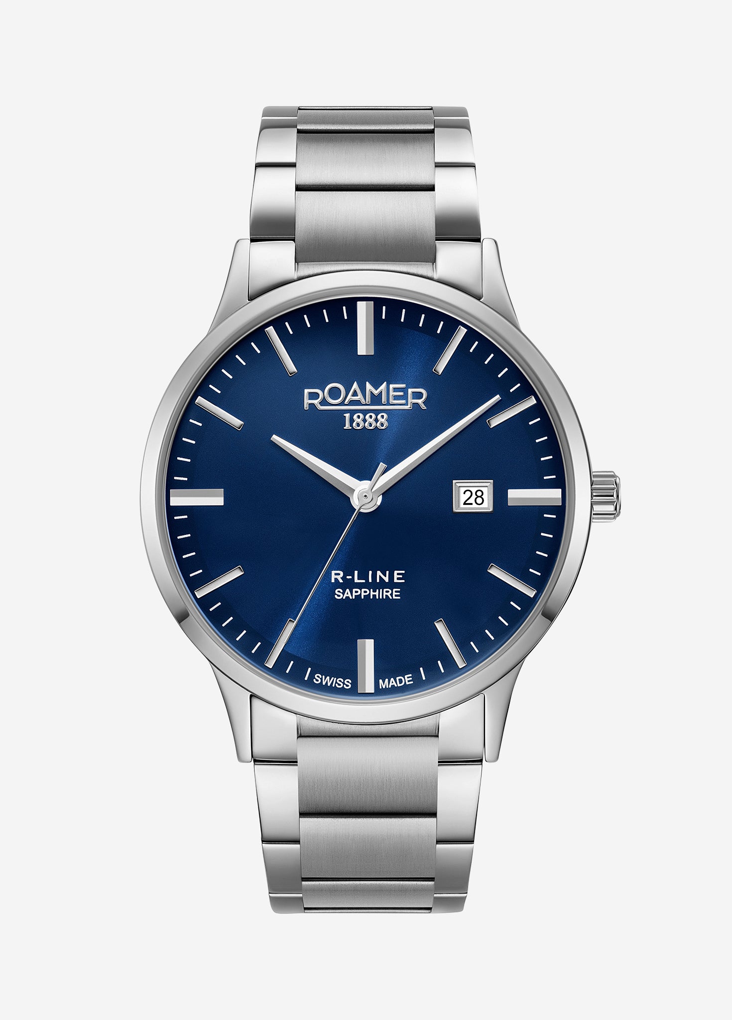 R Line Classic 43 mm Quartz Three-Hand Date Blue W/ Silver Indexes Dial Silver Bracelet Sapphire glass Stainless Steel swiss watch