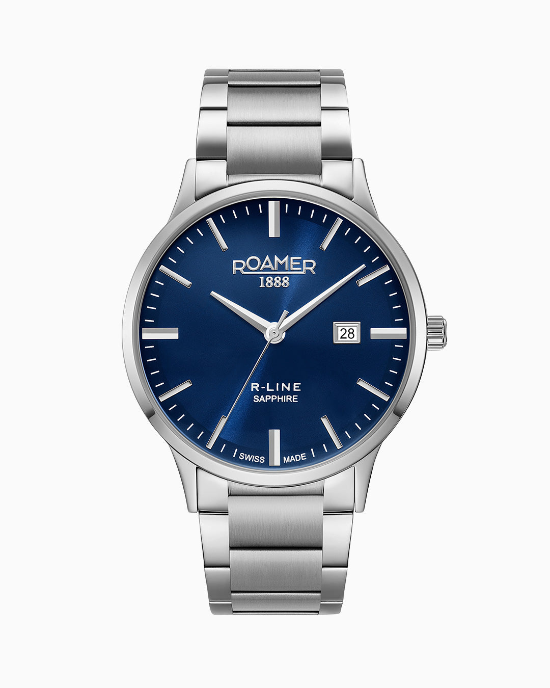 R Line Classic 43 mm Quartz Three-Hand Date Blue W/ Silver Indexes Dial Silver Bracelet Sapphire glass Stainless Steel swiss watch