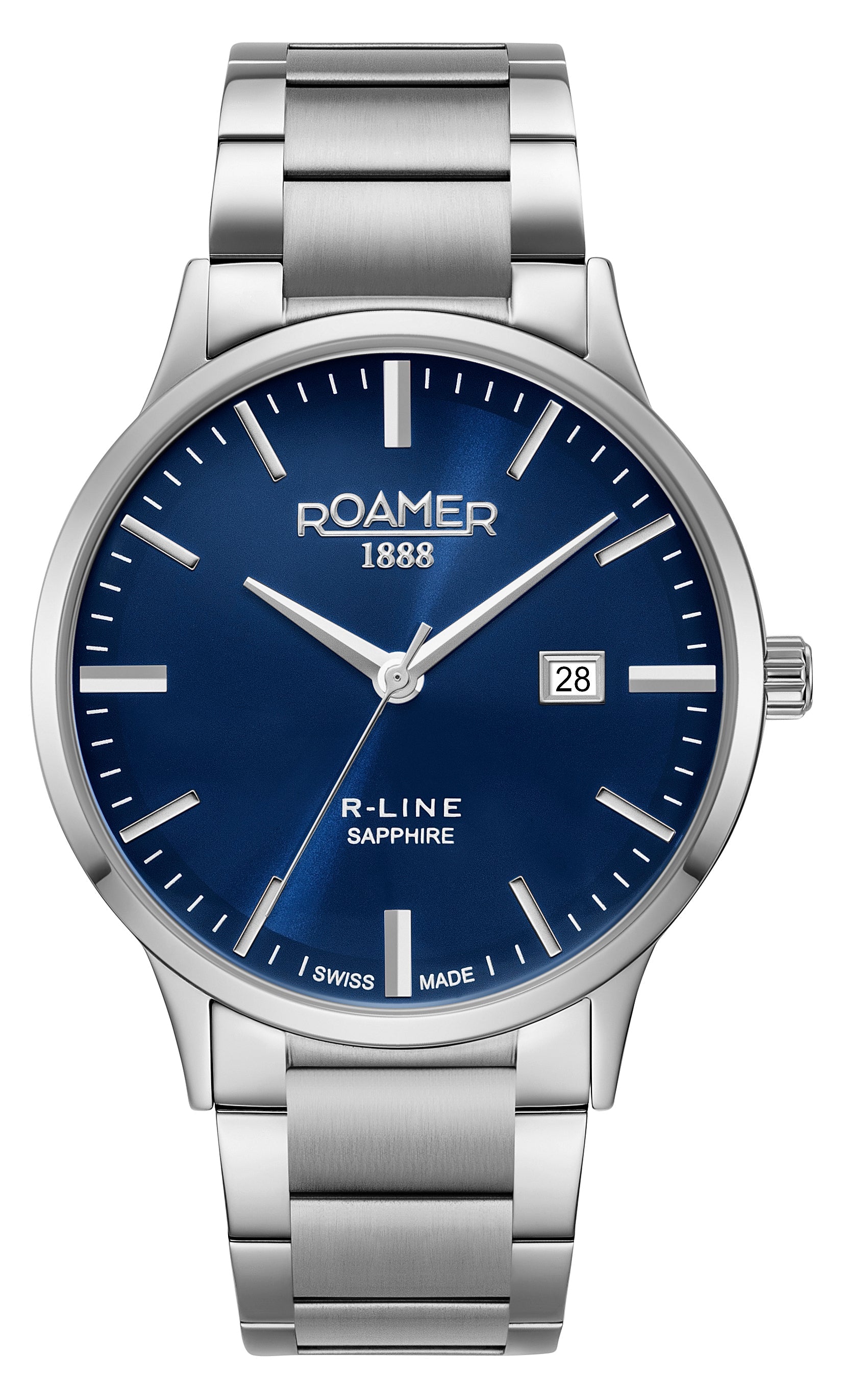 R Line Classic 43 mm Quartz Three-Hand Date Blue W/ Silver Indexes Dial Silver Bracelet Sapphire glass Stainless Steel swiss watch
