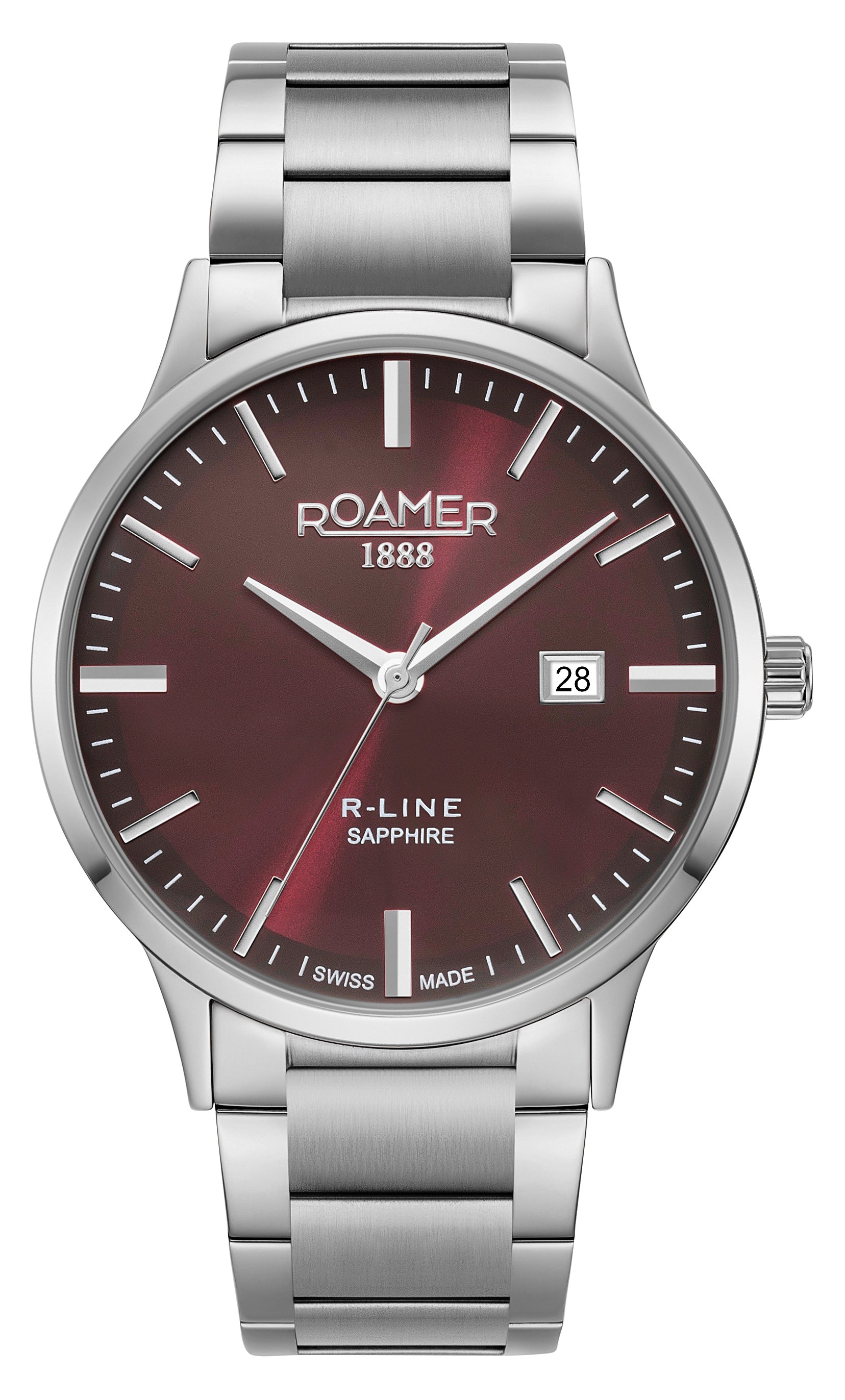 R Line Classic 43 mm Quartz Three-Hand Date Burgundy Dial Silver Bracelet Sapphire glass Stainless Steel swiss watch