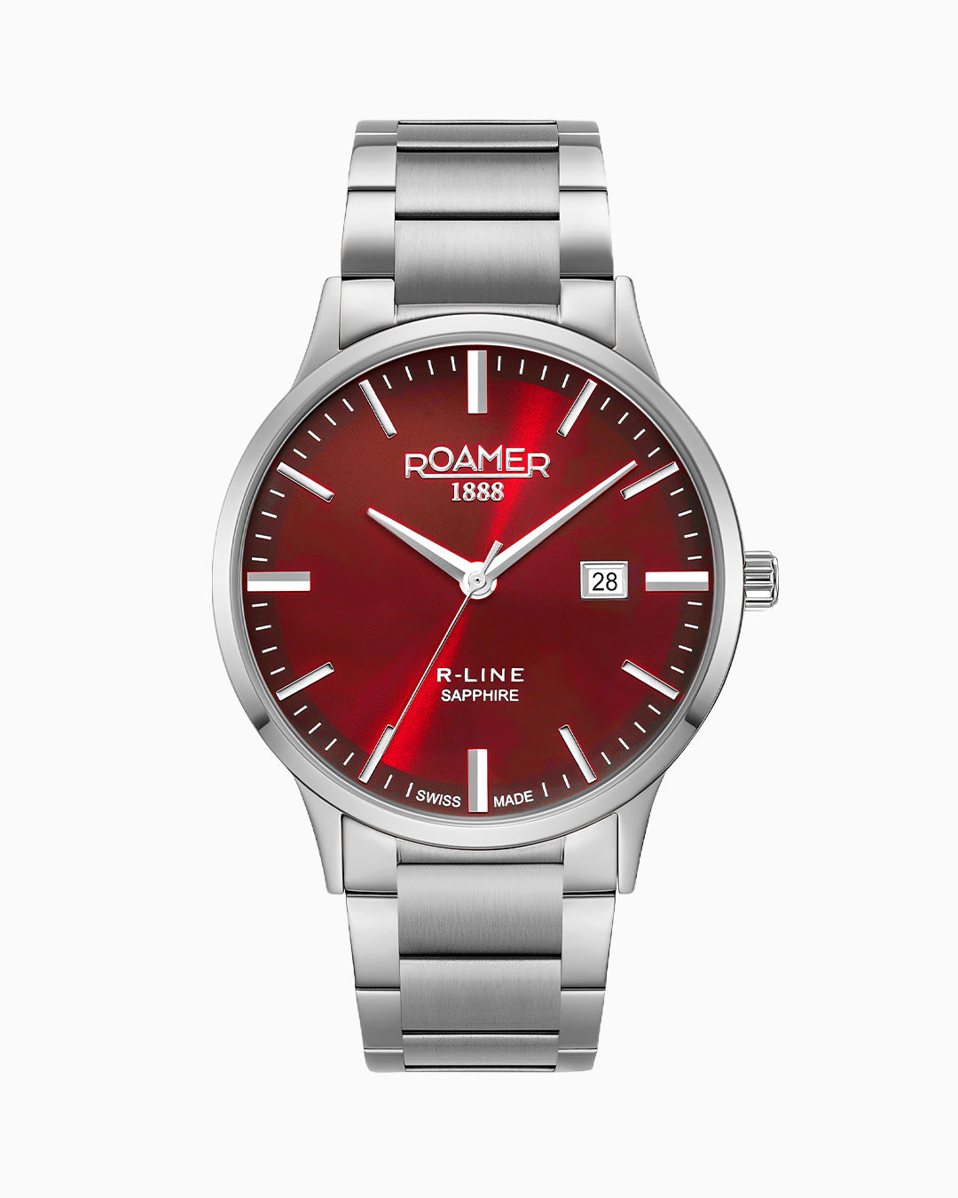 R Line Classic 43 mm Quartz Three-Hand Date Burgundy Dial Silver Bracelet Sapphire glass Stainless Steel swiss watch