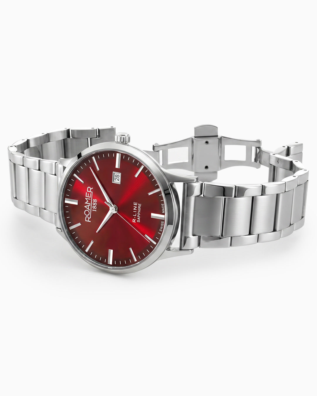 R Line Classic 43 mm Quartz Three-Hand Date Burgundy Dial Silver Bracelet Sapphire glass Stainless Steel swiss watch