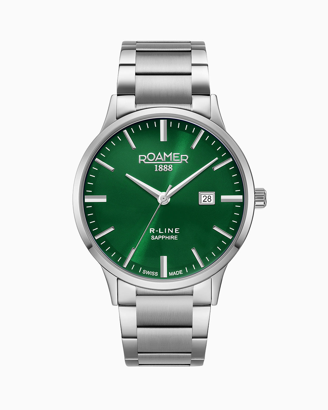 R Line Classic 43mm Quartz Three-Hand Date Green Sunray Dial Silver Bracelet Sapphire glass Stainless Steel swiss watch