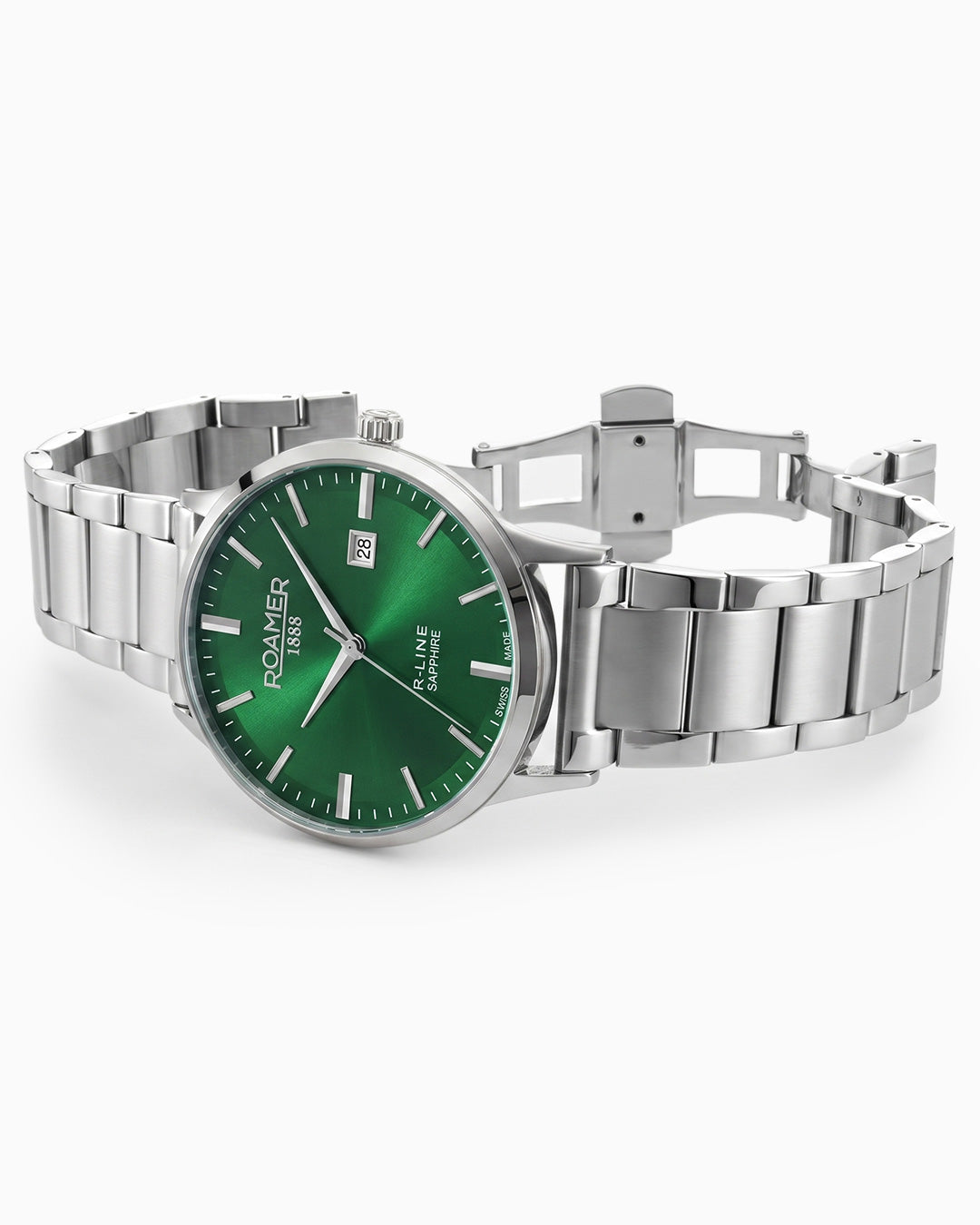 R Line Classic 43mm Quartz Three-Hand Date Green Sunray Dial Silver Bracelet Sapphire glass Stainless Steel swiss watch