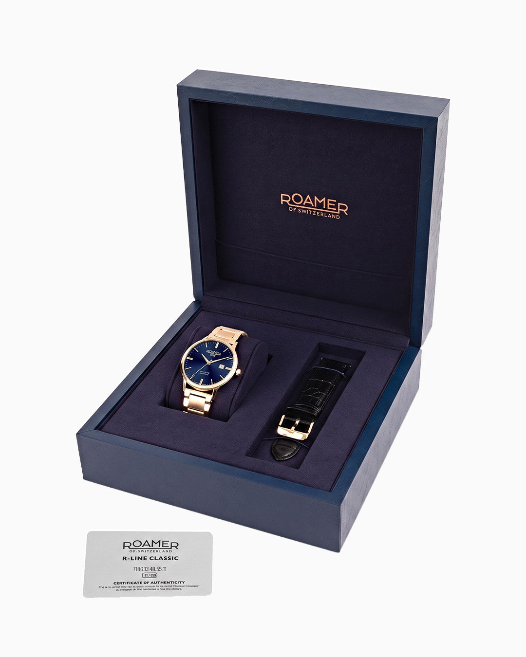 R Line Classic Set 43 mm Quartz Three-Hand Date Blue Dial Gold Bracelet Leather Strap Set Sapphire Glass Stainless Steel Swiss Watch
