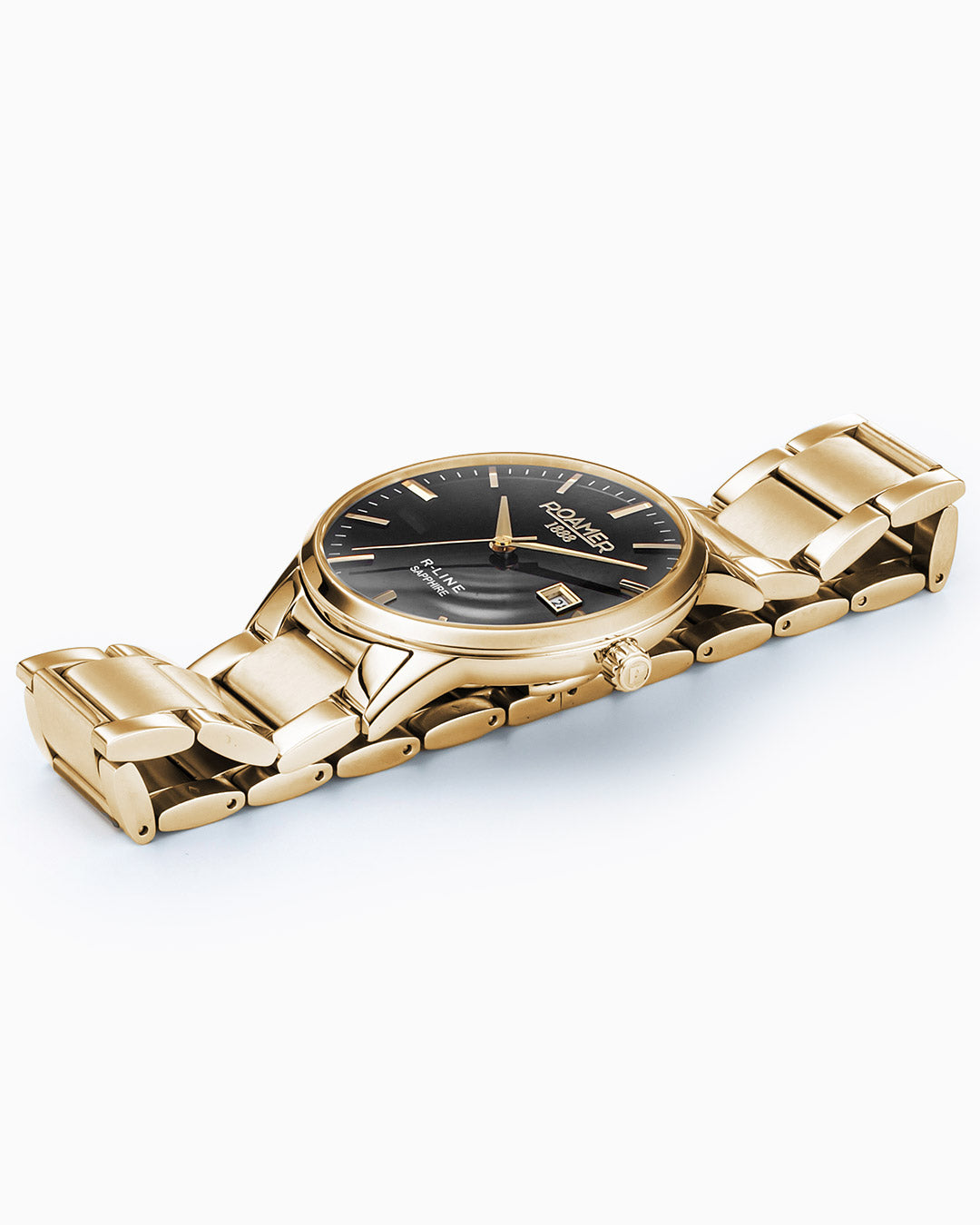 R Line Classic Set 43 mm Quartz Three-Hand Date Black Dial Gold Bracelet Leather Strap Set Sapphire Glass Stainless Steel Swiss Watch