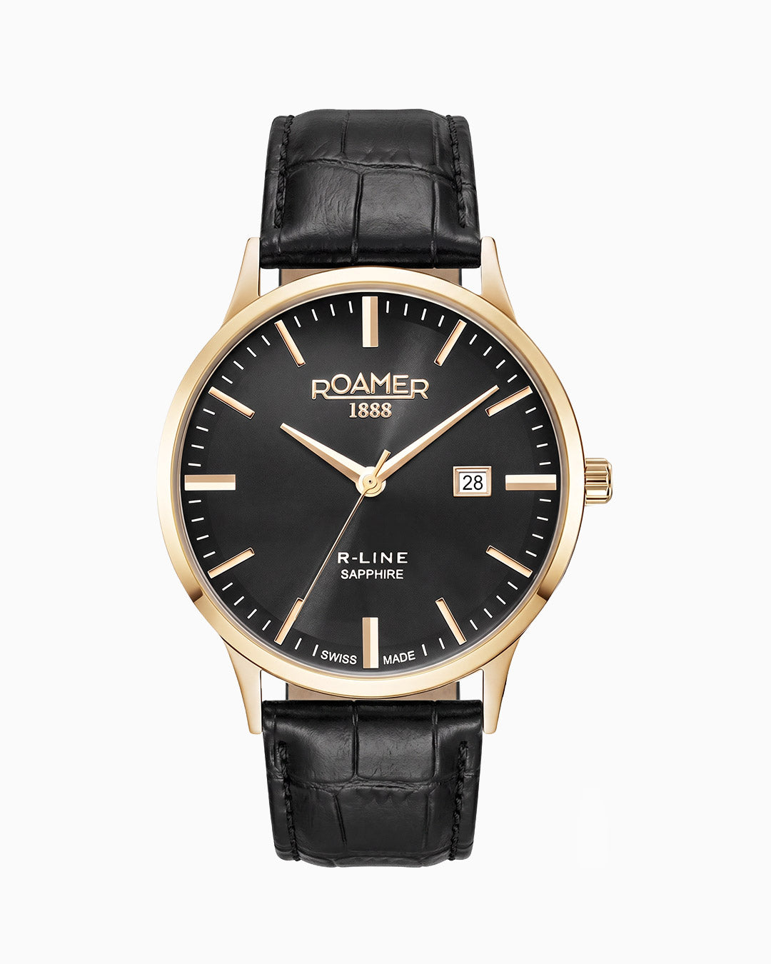 R Line Classic Set 43 mm Quartz Three-Hand Date Black Dial Gold Bracelet Leather Strap Set Sapphire Glass Stainless Steel Swiss Watch