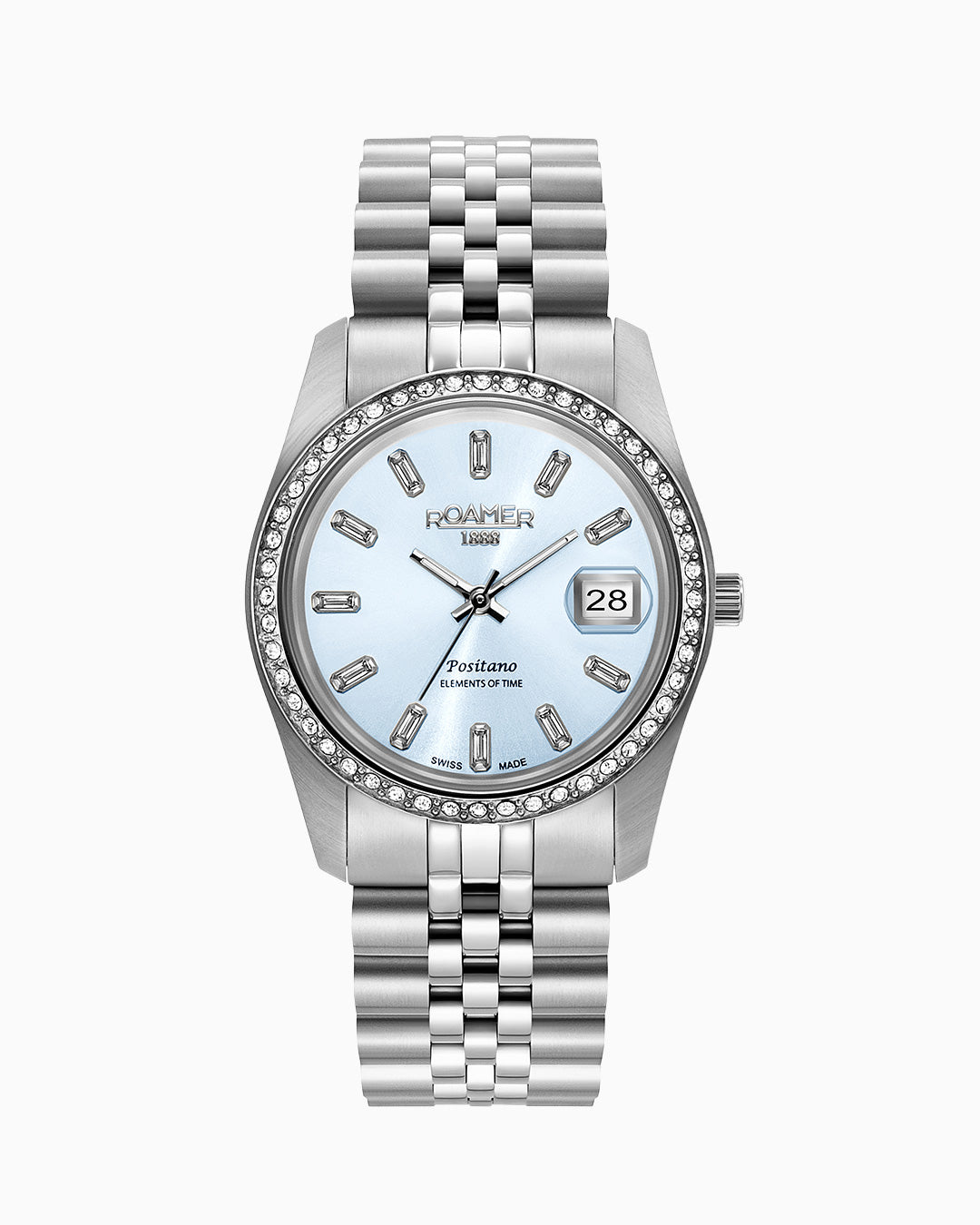 Positano 34mm Three-Hand Date Lightblue Dial Silver Tone Bracelet Sapphire glass Stainless Steel swiss watch