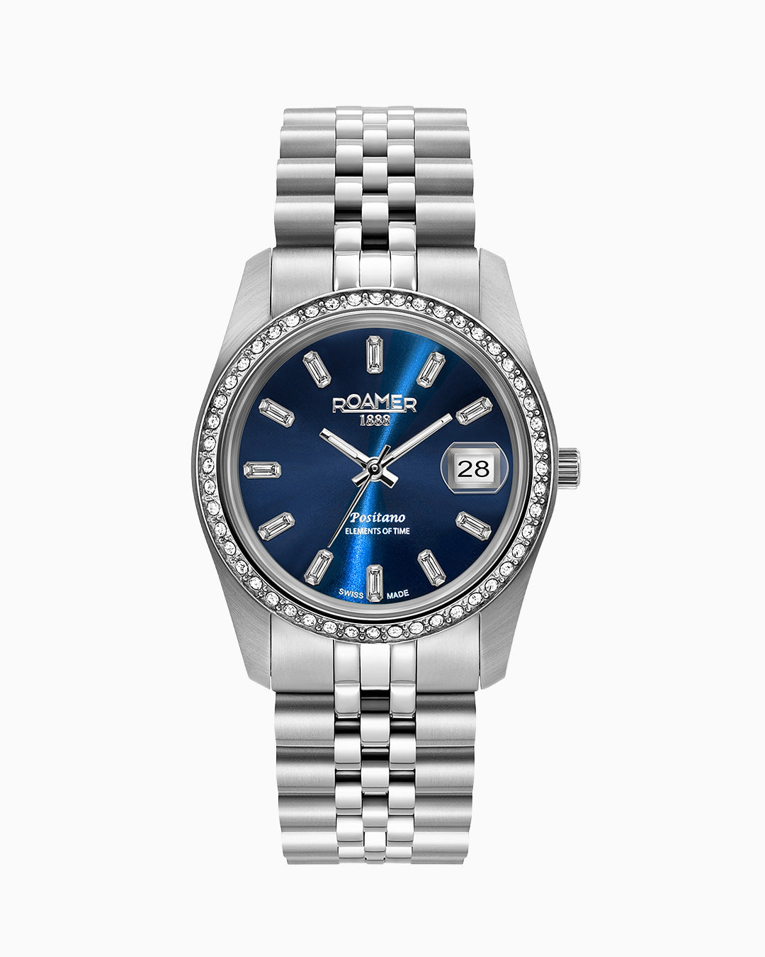 Positano 34mm Three-Hand Date Blue Dial Silver Tone Bracelet Sapphire glass Stainless Steel swiss watch