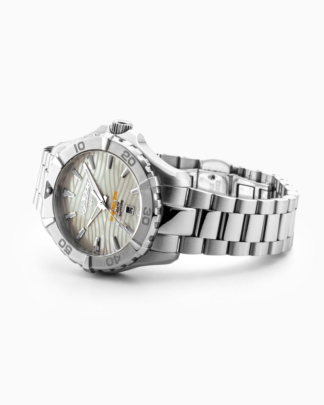 Deep Sea 200 Ladies 34 mm Quartz Three-Hand Date White Dial Silver Bracelet Sapphire glass Stainless Steel swiss watch