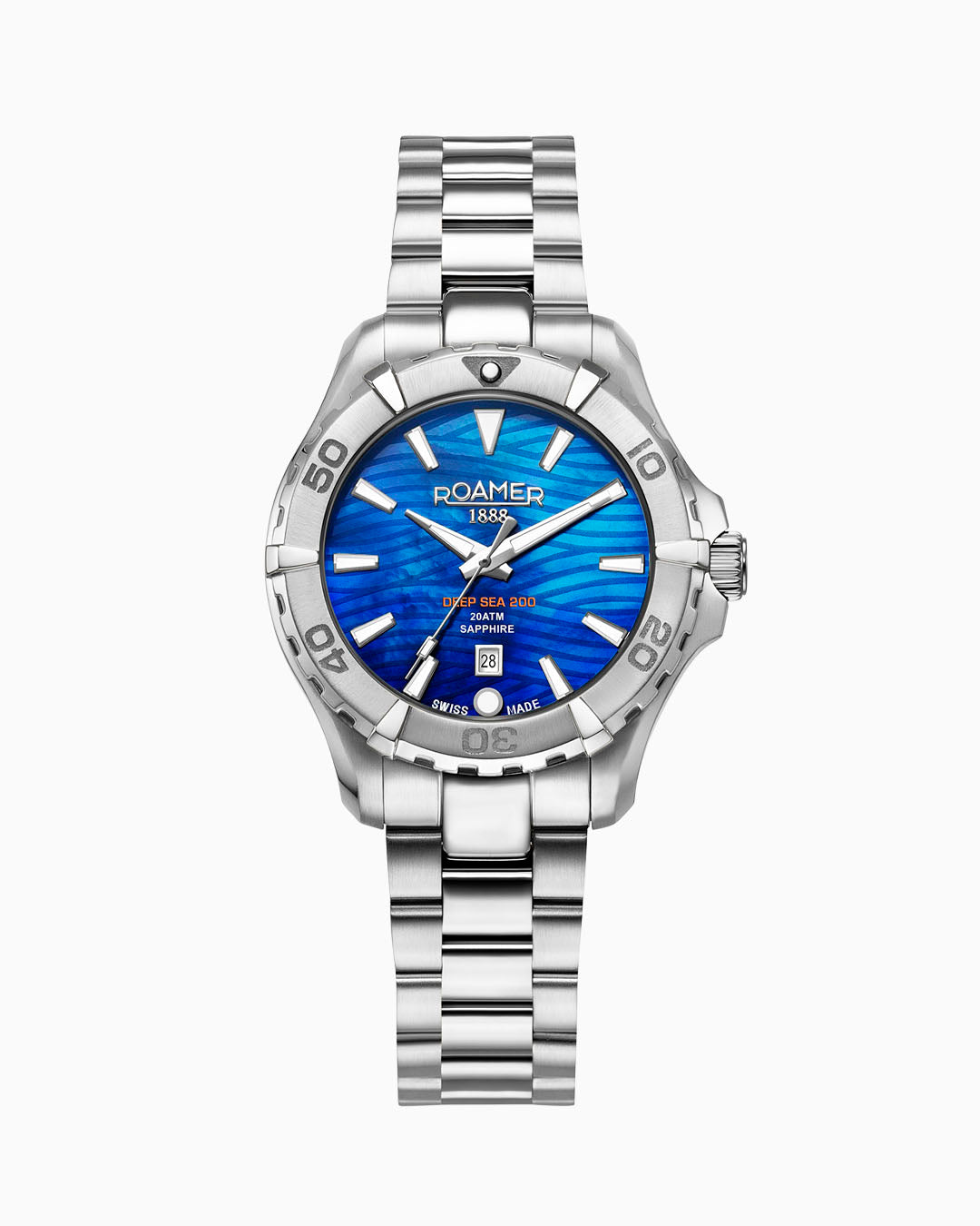 Deep Sea 200 Ladies 34 mm Quartz Three-Hand Date Blue Dial Silver Bracelet Sapphire glass Stainless Steel swiss watch