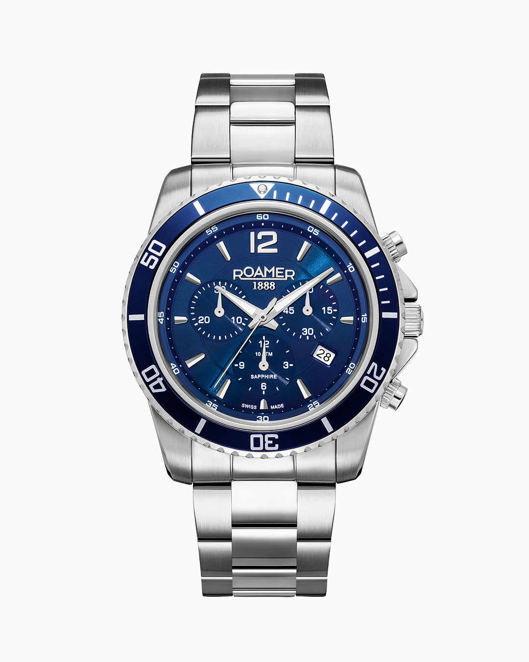 Nautic Chrono 100 43mm Chronograph Date Blue Dial Silver Bracelet Sapphire glass Stainless Steel swiss watch