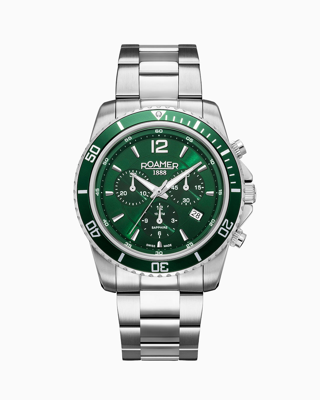 Nautic Chrono 100 43mm Chronograph Date Green Dial Silver Bracelet Sapphire glass Stainless Steel swiss watch