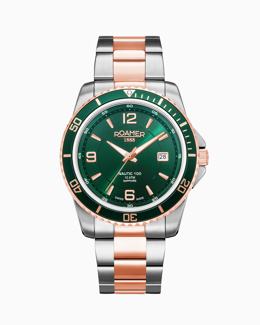 Nautic 100 43mm Quartz Three-Hand Green Dial Rosegold-Silver Tone Bracelet Sapphire glass Stainless Steel swiss watch
