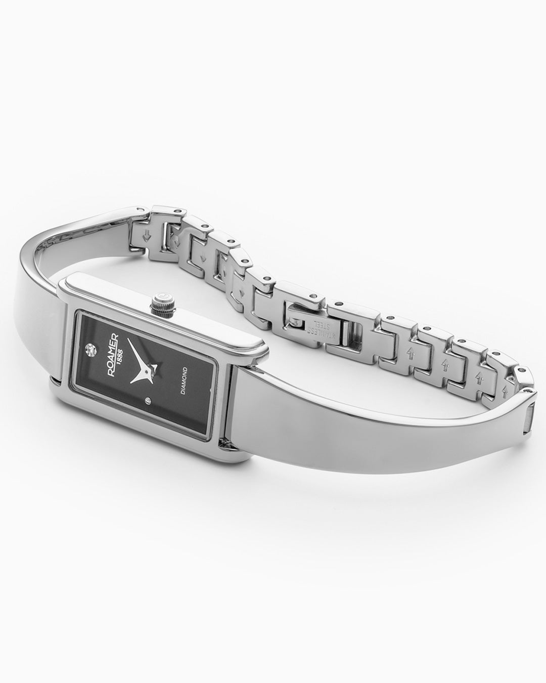 Elegance diamond 17x32mm Quartz Two-Hand Metallic Gun Dial Silver Bracelet Sapphire antireflection glass Stainless Steel swiss watch