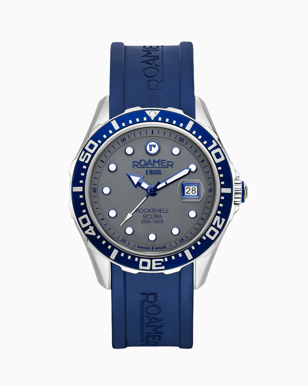 Rockshell Mark III Scuba 45mm Quartz Three-Hand Date Grey Dial Turning Bezel Blue Rubber Strap Sapphire glass Stainless Steel swiss watch