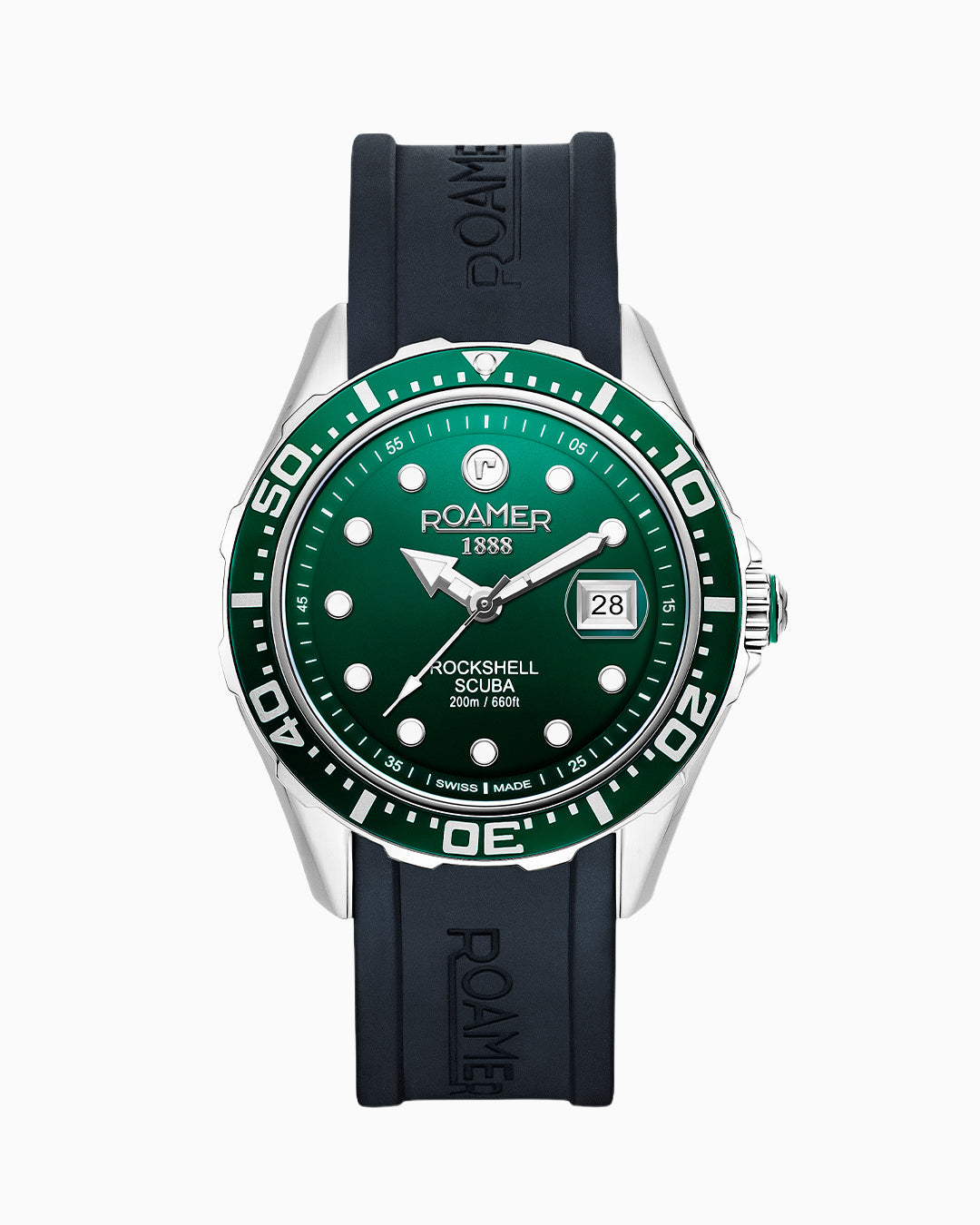 Rockshell Mark III Scuba 45mm Quartz Three-Hand Date Green Dial Turning Bezel Black Rubber Strap Sapphire glass Stainless Steel swiss watch