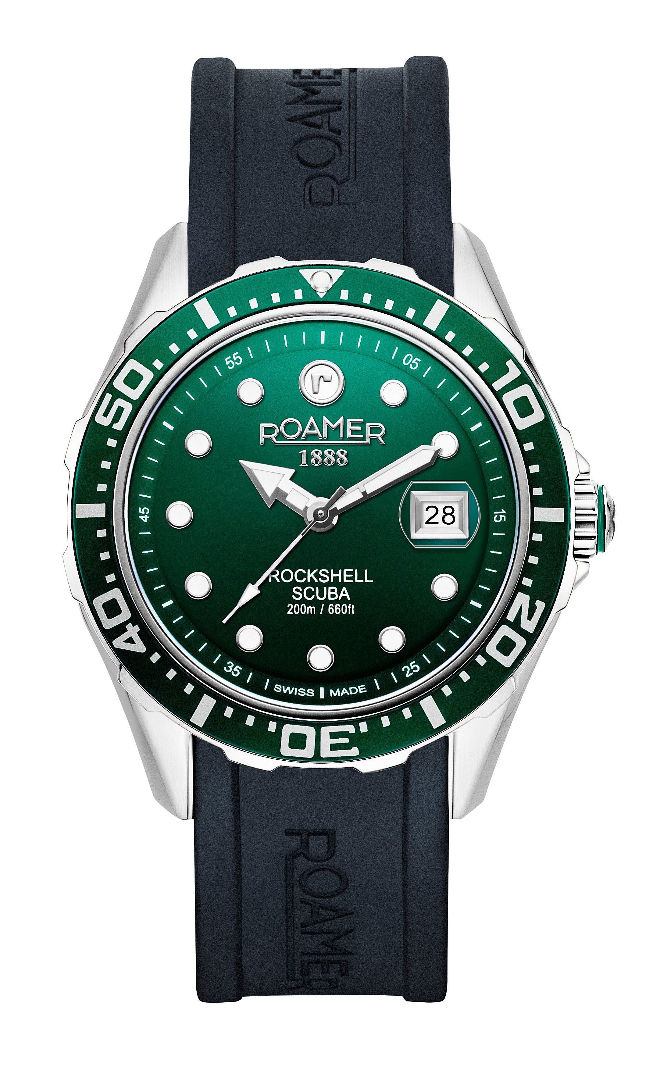 Rockshell Mark III Scuba 45 mm Quartz Three-Hand Date Green Dial Turning Bezel Black Rubber Strap Sapphire glass Stainless Steel swiss watch
